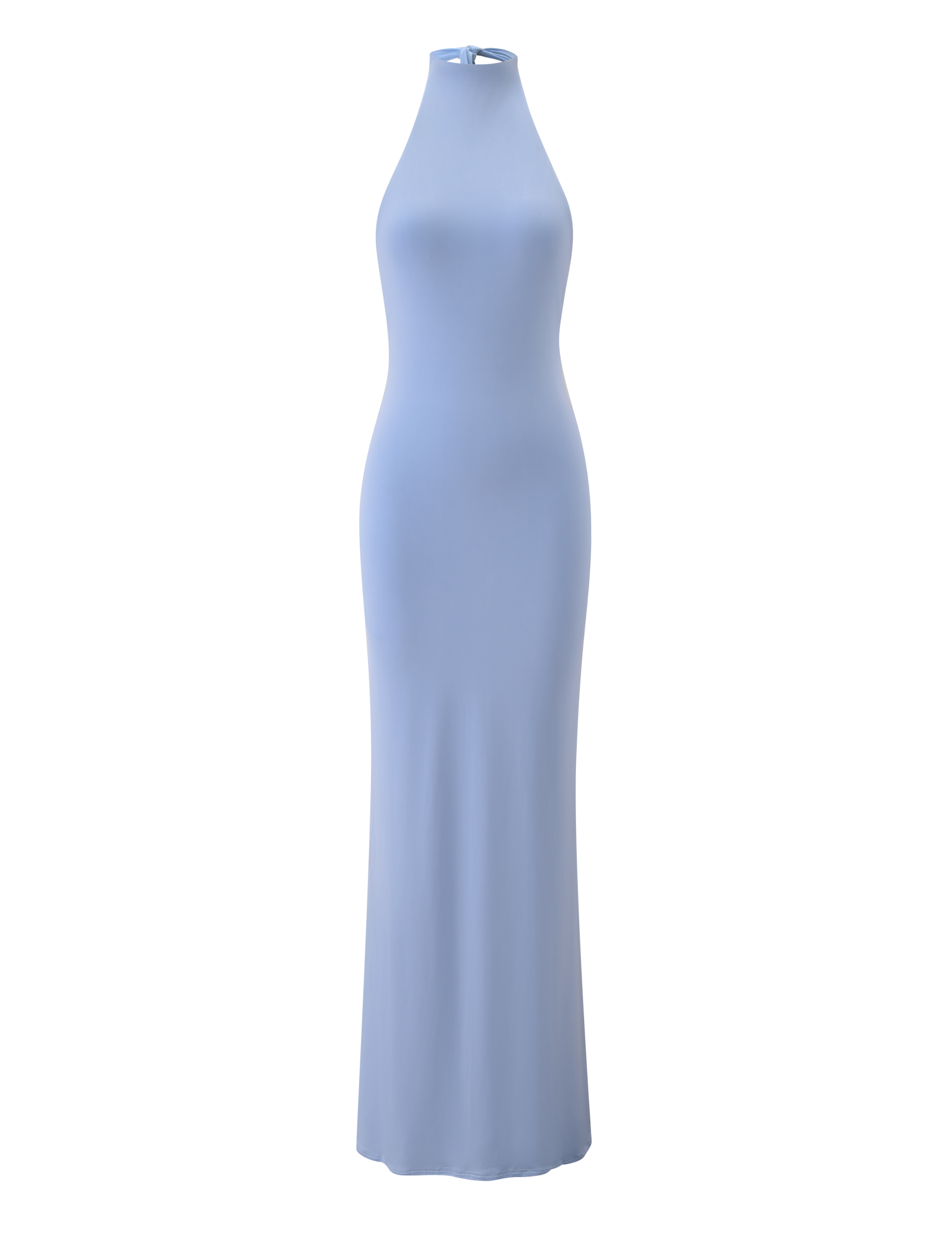 The TIGERMIST MADDY MAXI DRESS in baby blue is a sleeveless, fitted maxi dress with a high halter neckline, shown against a plain white background.