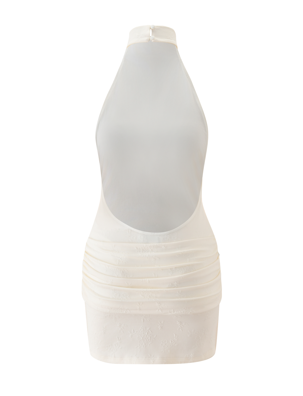 The TIGERMIST CAITLIN MINI DRESS in cream is a sleeveless, backless textured knit dress with a high neck, horizontal waist pleats, built-in bodysuit for comfort, and a fitted silhouette.