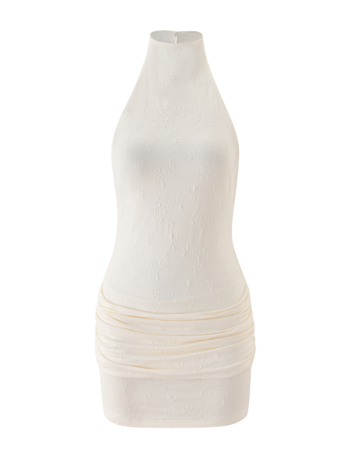 The TIGERMIST CAITLIN MINI DRESS in cream features a sleeveless, high-neck design with subtle floral jacquard texture and delicate skirt ruching, shown on a plain white background.