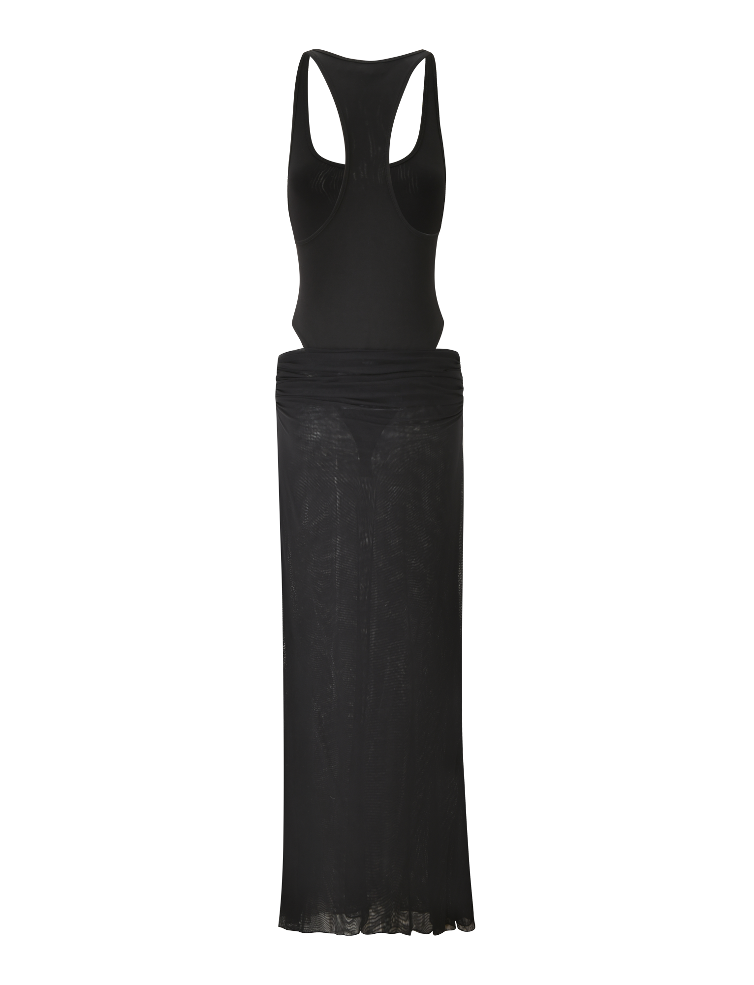 The LILIANA-SUMMER MAXI DRESS by TIGERMIST is a sleeveless black maxi with a racerback top, sheer mesh skirt, fitted bodice, and slightly ruched waistline.