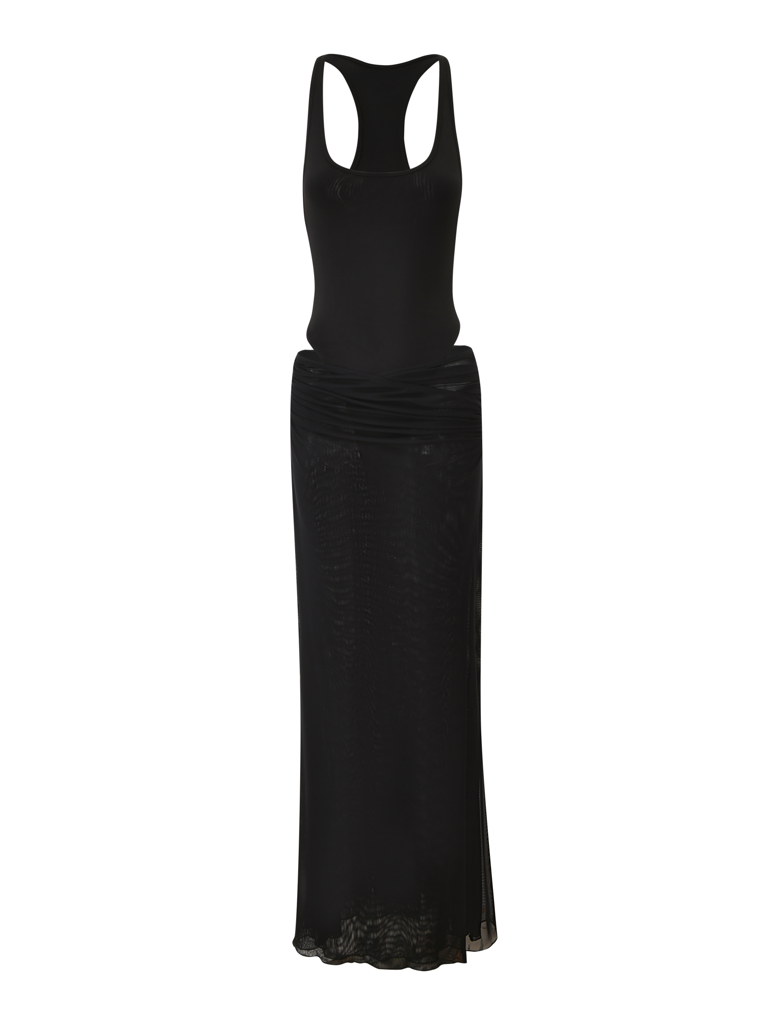 The LILIANA-SUMMER MAXI DRESS by TIGERMIST is a sleeveless black maxi dress with a fitted top and a long, semi-sheer mesh skirt, shown on a plain white background.