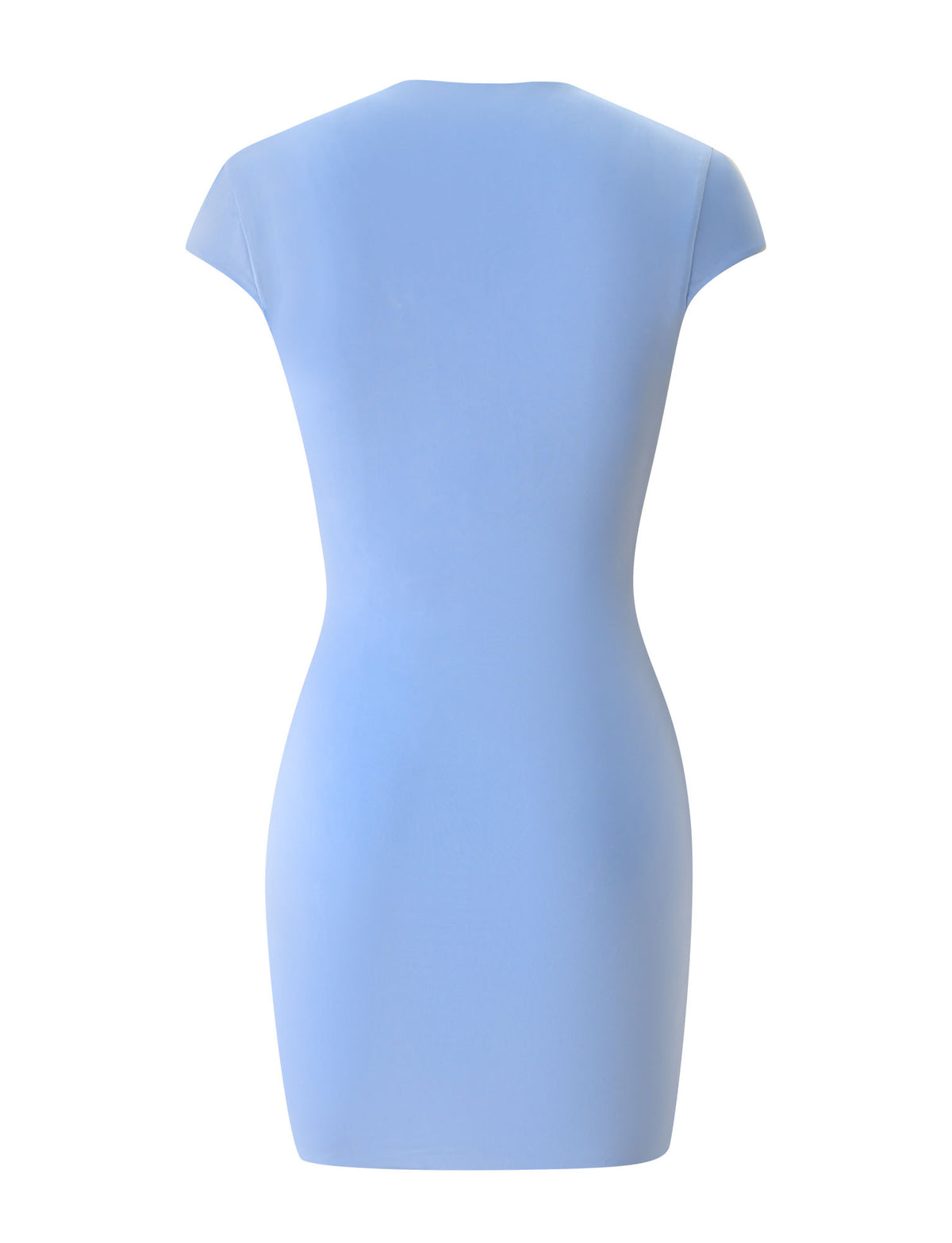 Back view of the MILLS MINI DRESS - BABY BLUE by TIGERMIST, a simple mini dress in baby blue with short sleeves, fitted silhouette, and smooth fabric, displayed on a plain white background. Ideal as a summer party dress, its elegant style seamlessly blends comfort and charm.