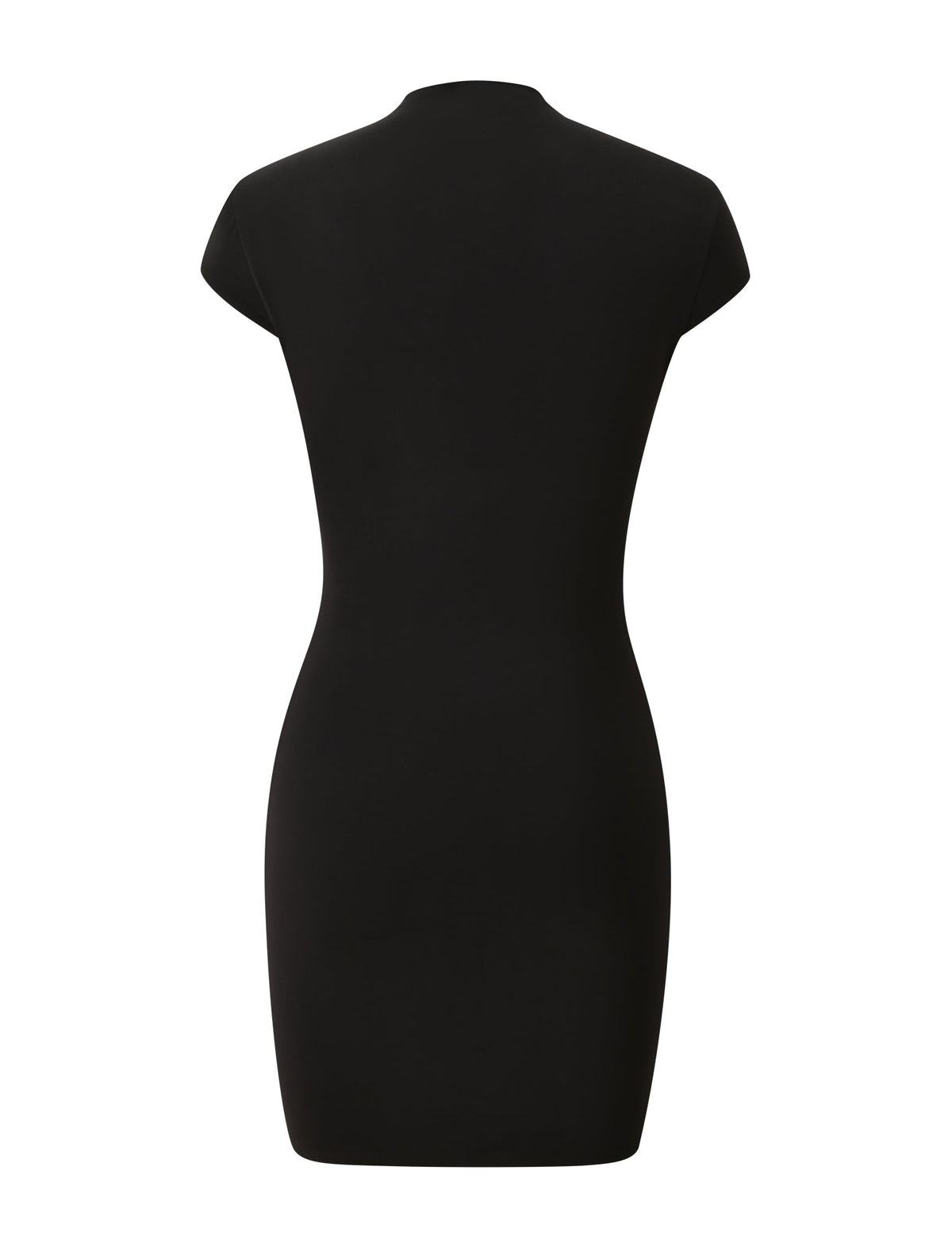 Back view of the TIGERMIST MILLS MINI DRESS 2.0 in black, a fitted, short-sleeve bodycon dress with a high neckline, shown against a white background.