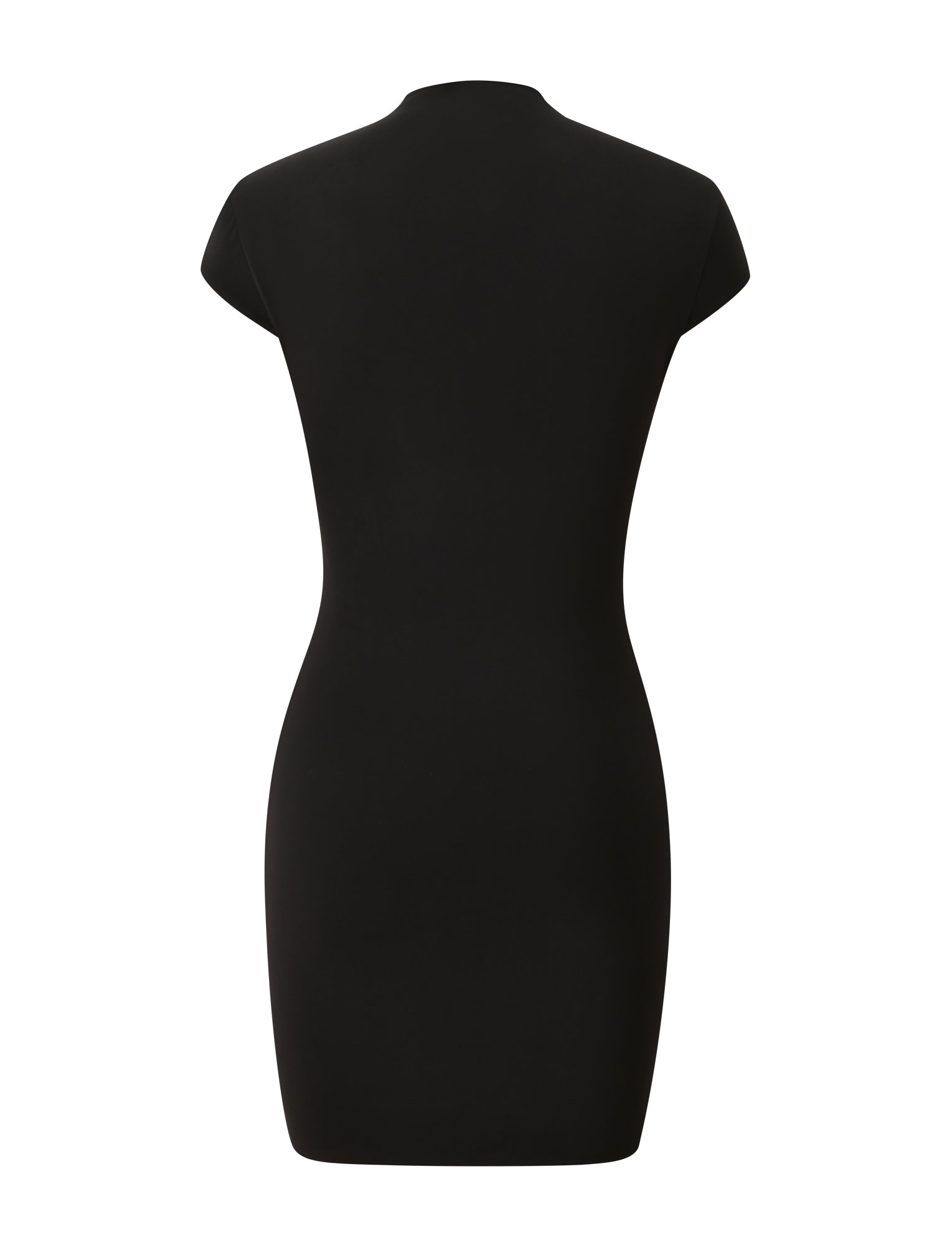 Back view of the TIGERMIST MILLS MINI DRESS 2.0 in black, a fitted, short-sleeve bodycon dress with a high neckline, shown against a white background.
