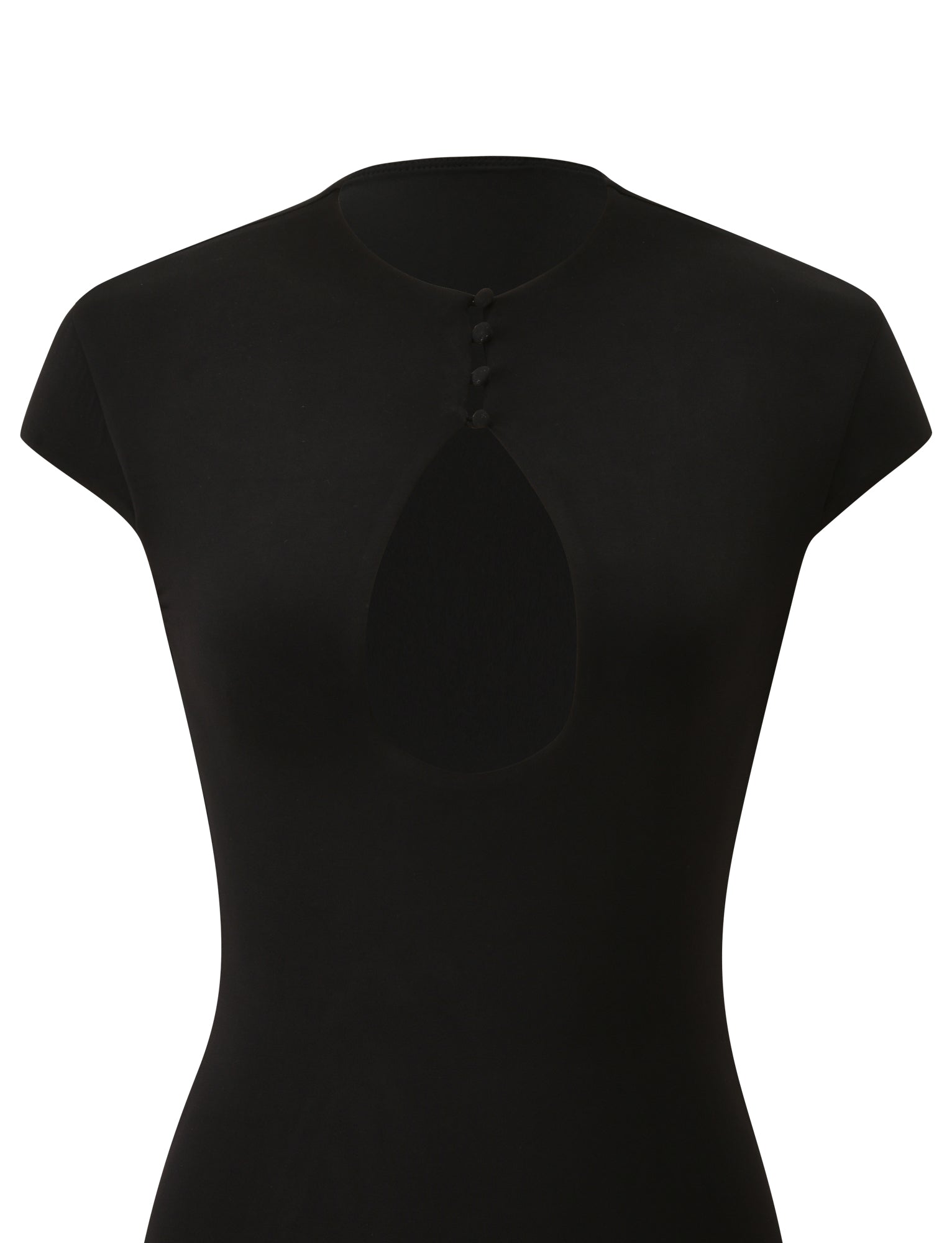 The MILLS MINI DRESS 2.0 by TIGERMIST is a black bodycon mini dress featuring short sleeves, a high neckline, four small buttons, and a teardrop-shaped cutout at the chest, displayed against a plain white background.