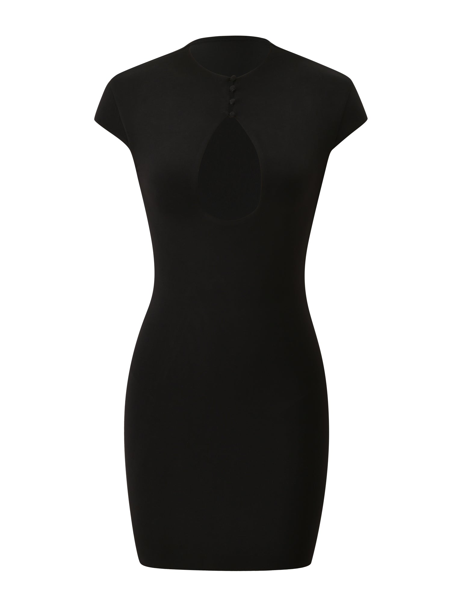 Introducing the MILLS MINI DRESS 2.0 in black by TIGERMIST—a short-sleeved, form-fitting mini dress featuring a keyhole cutout at the chest and button details at the neckline. This chic bodycon dress is perfect for any stylish occasion.