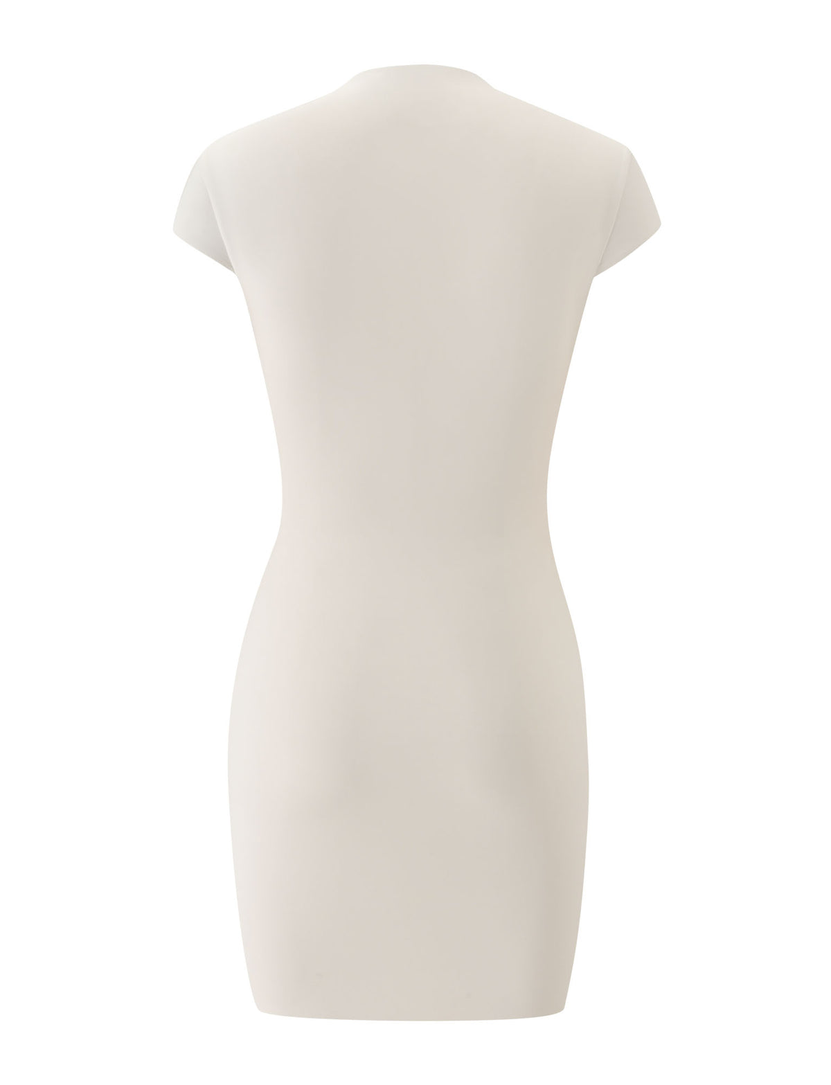 Back view of the TIGERMIST MILLS MINI DRESS in cream—a short-sleeve, form-fitting, knee-length dress with a smooth texture and minimalist design, ideal as a chic vacation dress or an elegant alternative to the classic bodycon mini.