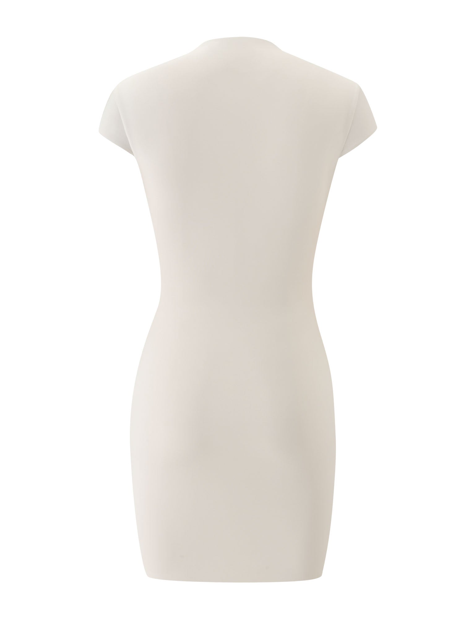 Back view of the TIGERMIST MILLS MINI DRESS in cream—a short-sleeve, form-fitting, knee-length dress with a smooth texture and minimalist design, ideal as a chic vacation dress or an elegant alternative to the classic bodycon mini.