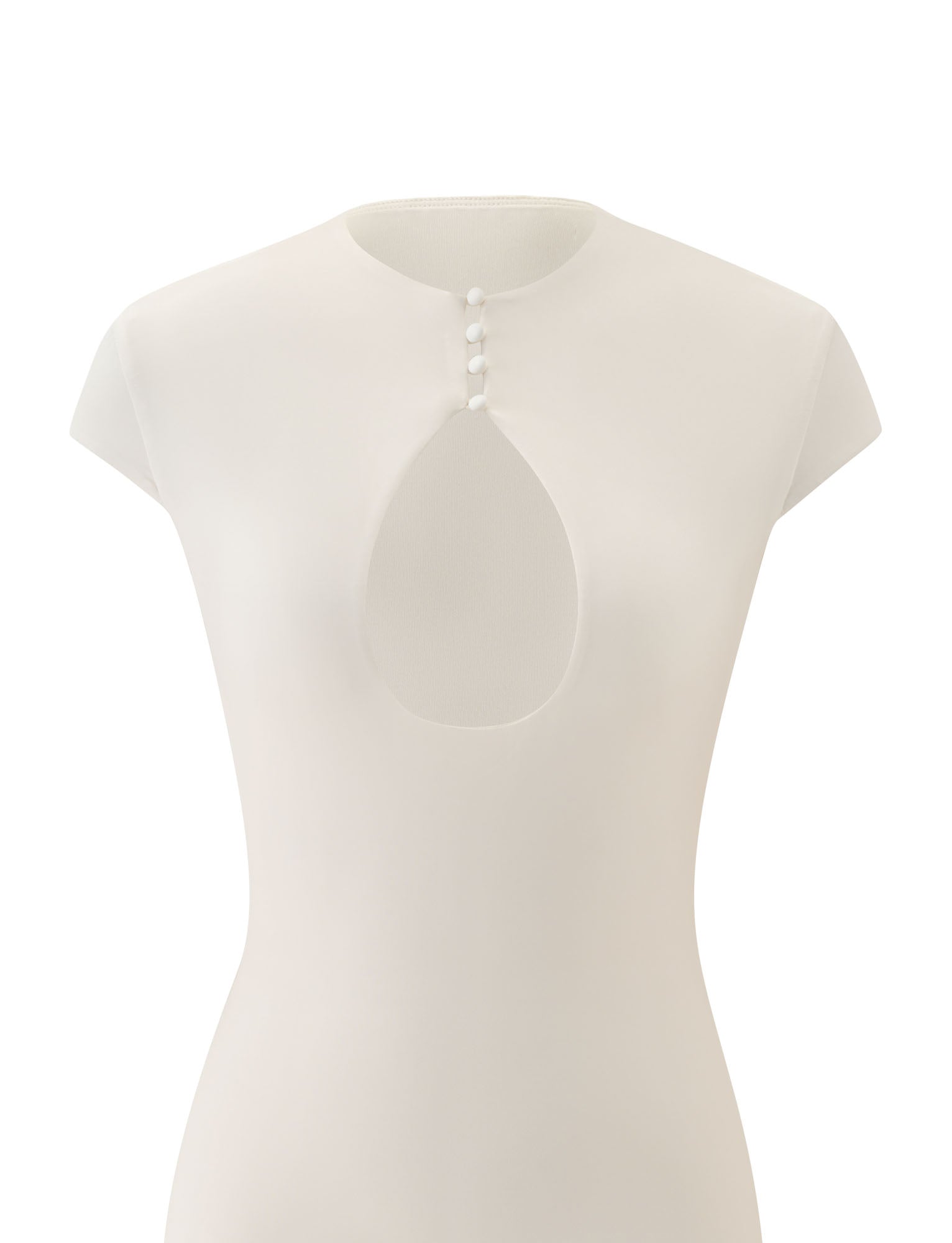 Introducing the MILLS MINI DRESS - CREAM by TIGERMIST, a chic cream mini dress with cap sleeves, a high neckline, keyhole chest cutout, and four delicate buttons above the opening—making it an ideal vacation dress for warm-weather days.