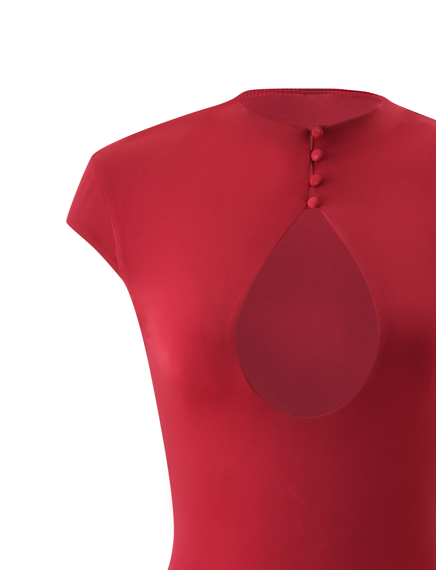 Close-up of the TIGERMIST MILLS MINI DRESS in red, featuring cap sleeves, a large teardrop bust cutout, and four fabric-covered buttons at the neckline, shown on a plain white background.
