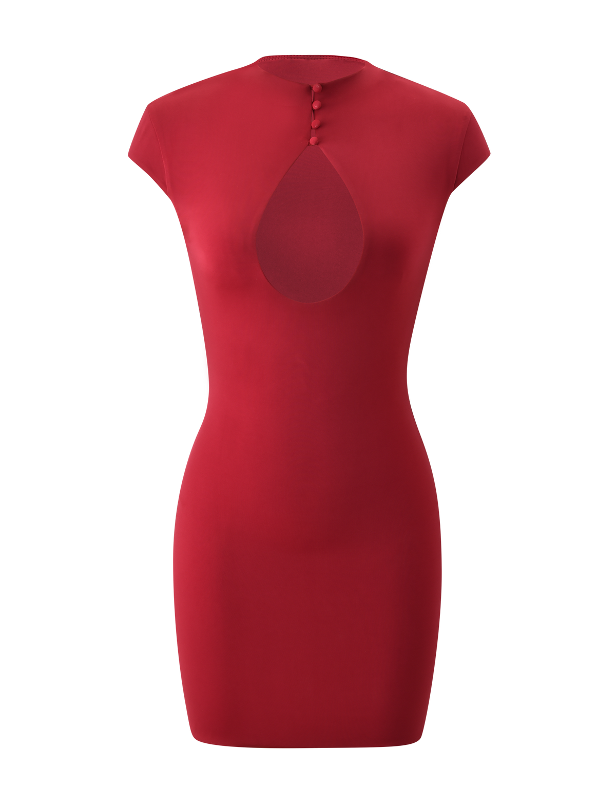 The MILLS MINI DRESS - RED by TIGERMIST is a fitted, short-sleeve dress with a mock neck, front bust cutout, and three fabric-covered buttons. Its seamless design delivers an elegant, modern look for any occasion.