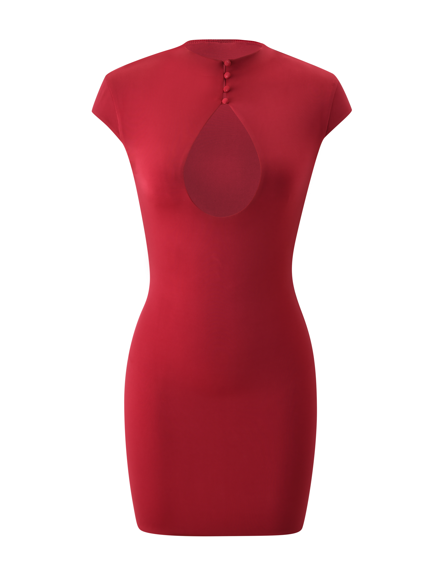 The MILLS MINI DRESS - RED by TIGERMIST is a fitted, short-sleeve dress with a mock neck, front bust cutout, and three fabric-covered buttons. Its seamless design delivers an elegant, modern look for any occasion.