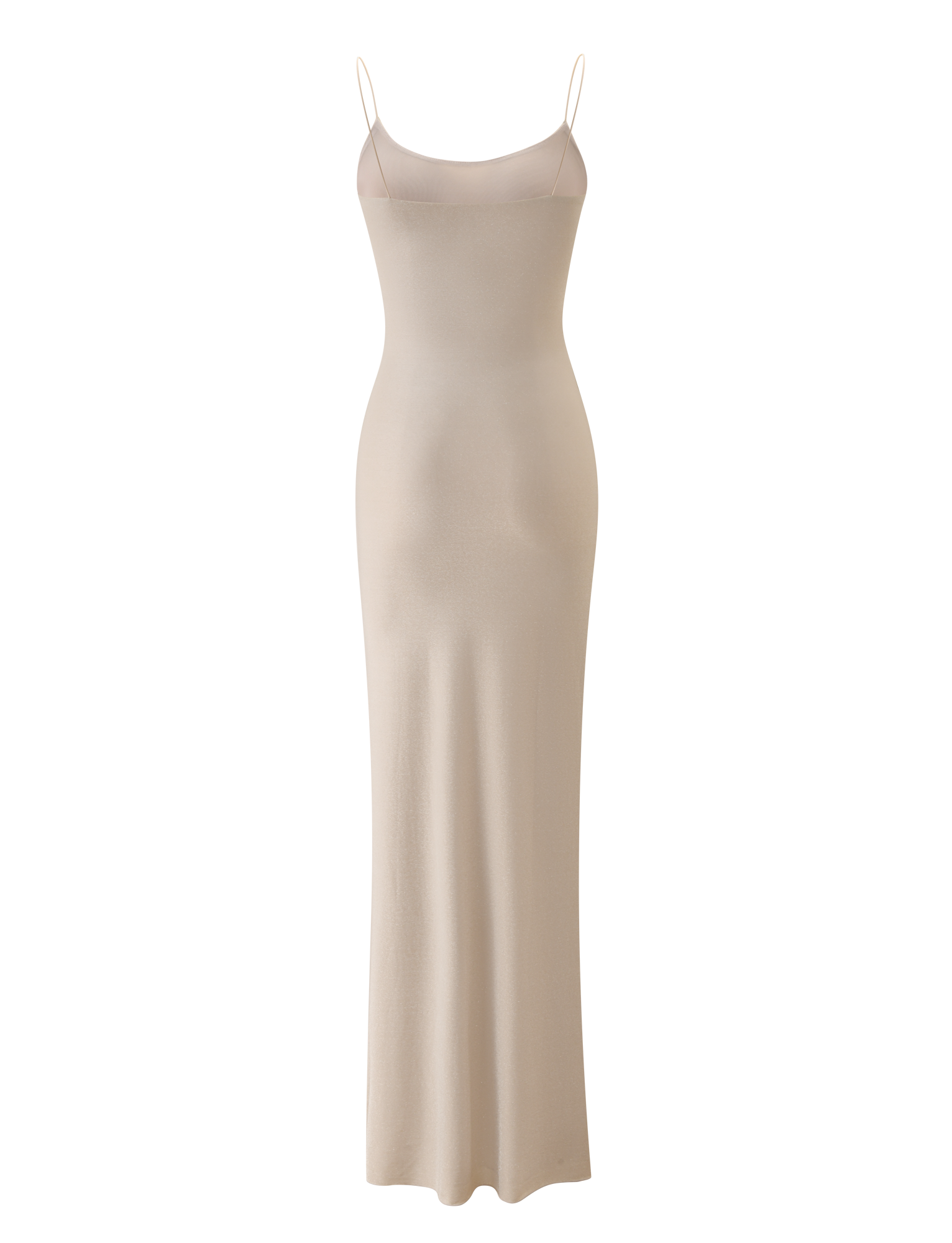 The TIGERMIST RILEY MAXI DRESS - CHAMPAGNE SPARKLE is a sleeveless, floor-length dress with thin spaghetti straps and a body-hugging fit, shown against a plain white background.