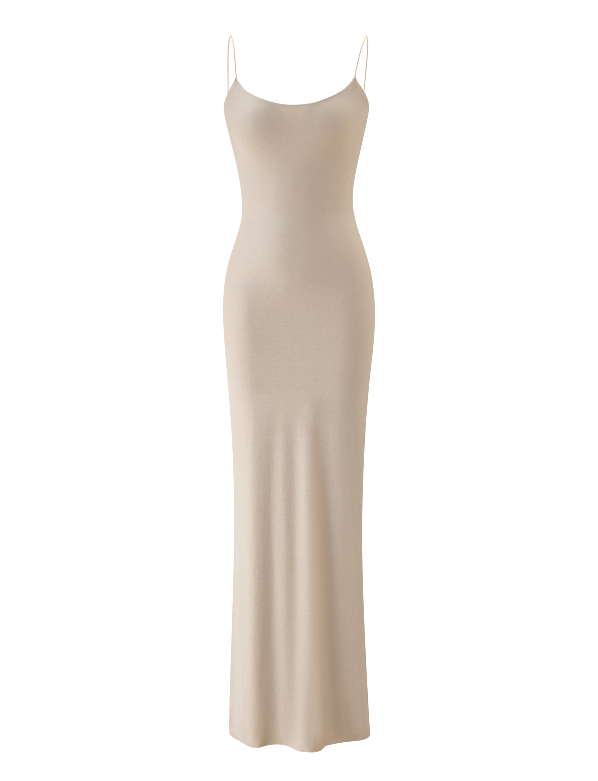 The TIGERMIST RILEY MAXI DRESS - CHAMPAGNE SPARKLE features a fitted bodice, thin spaghetti straps, and a body-hugging silhouette in champagne gold, shown on a plain white background.
