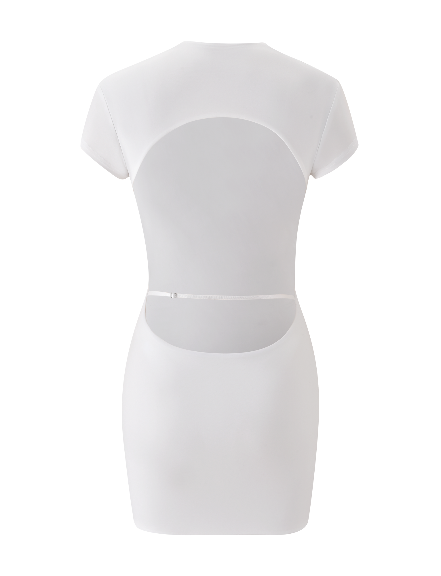 The EMILY MINI DRESS - WHITE by TIGERMIST is a fitted white mini dress with short sleeves, an open back, and a slim strap at the lower back. It includes a built-in bodysuit for comfort and is pictured on a plain white background.
