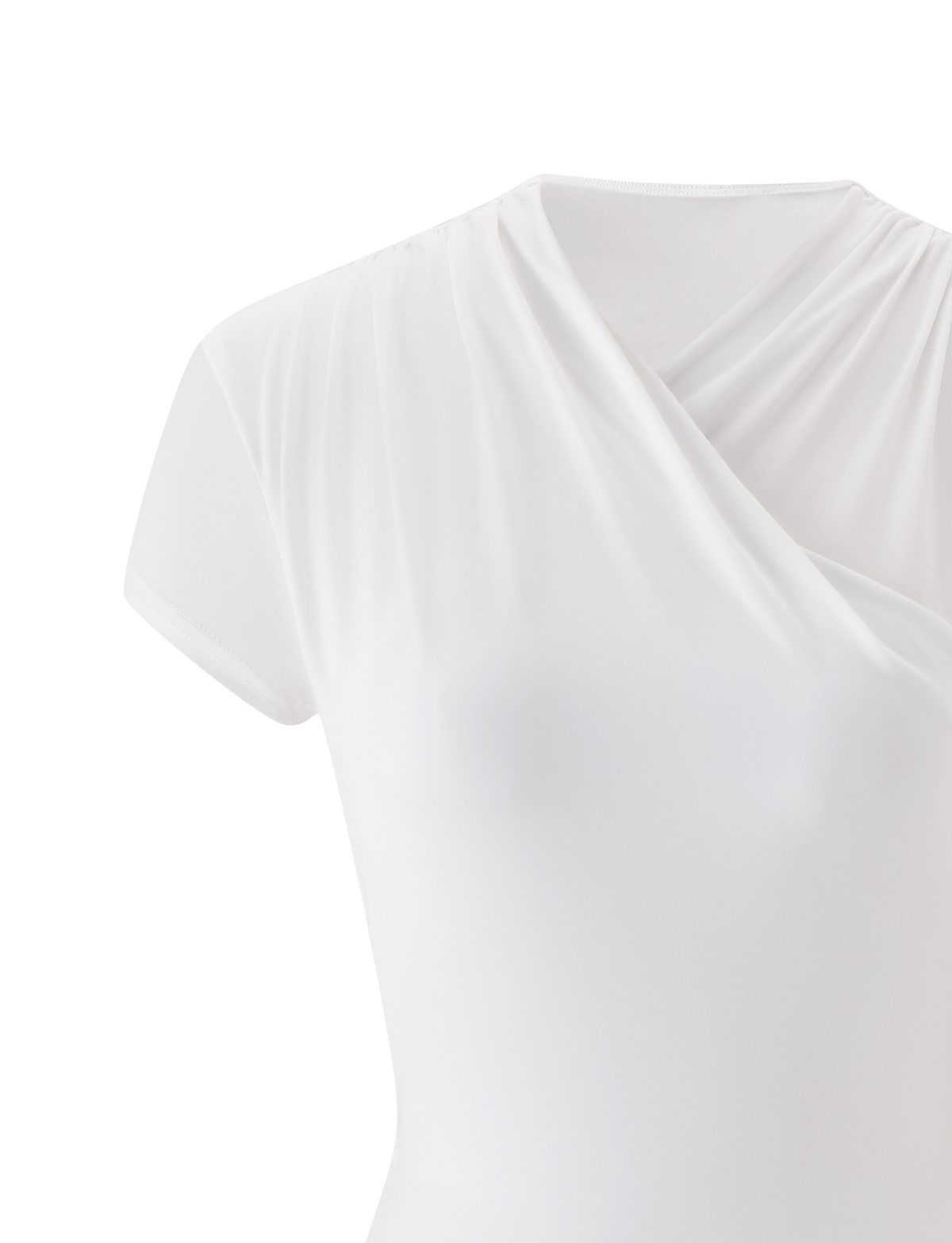 Close-up of the TIGERMIST EMILY MINI DRESS in white, featuring short sleeves, a draped wrap neck, and an asymmetrical neckline, shown against a plain white background.