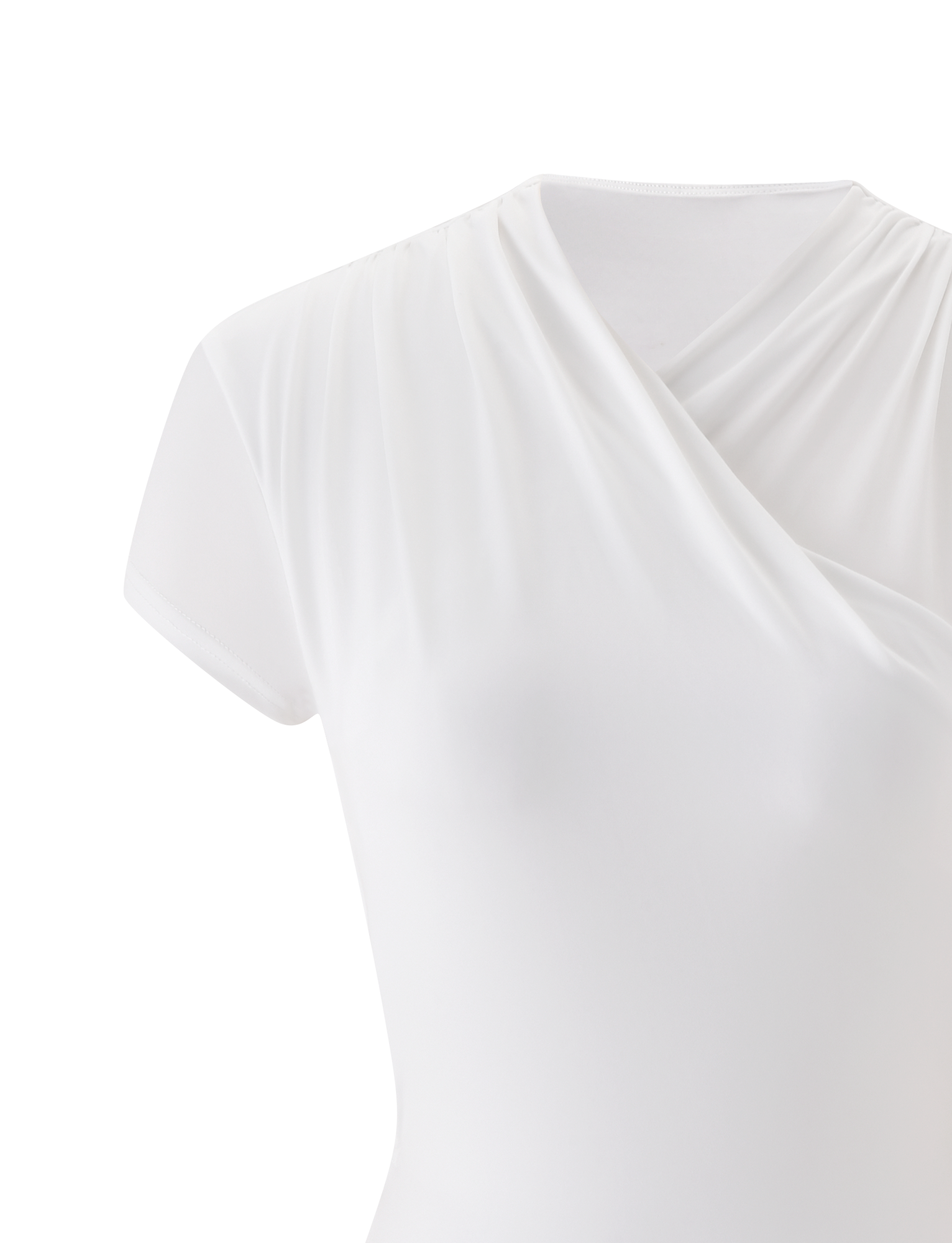 Close-up of the TIGERMIST EMILY MINI DRESS in white, featuring short sleeves, a draped wrap neck, and an asymmetrical neckline, shown against a plain white background.