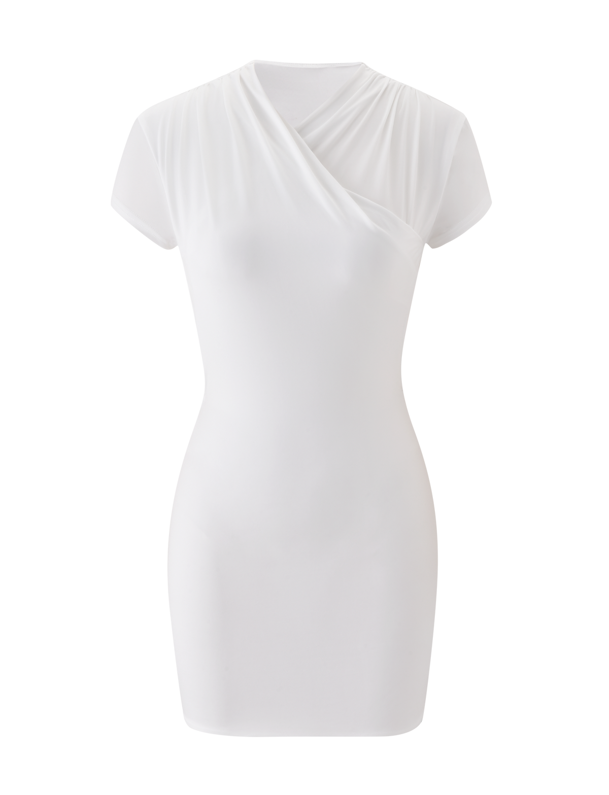 The TIGERMIST EMILY MINI DRESS - WHITE is a short-sleeved, fitted mini dress featuring a slight wrap neck drape, shown on a plain white background.