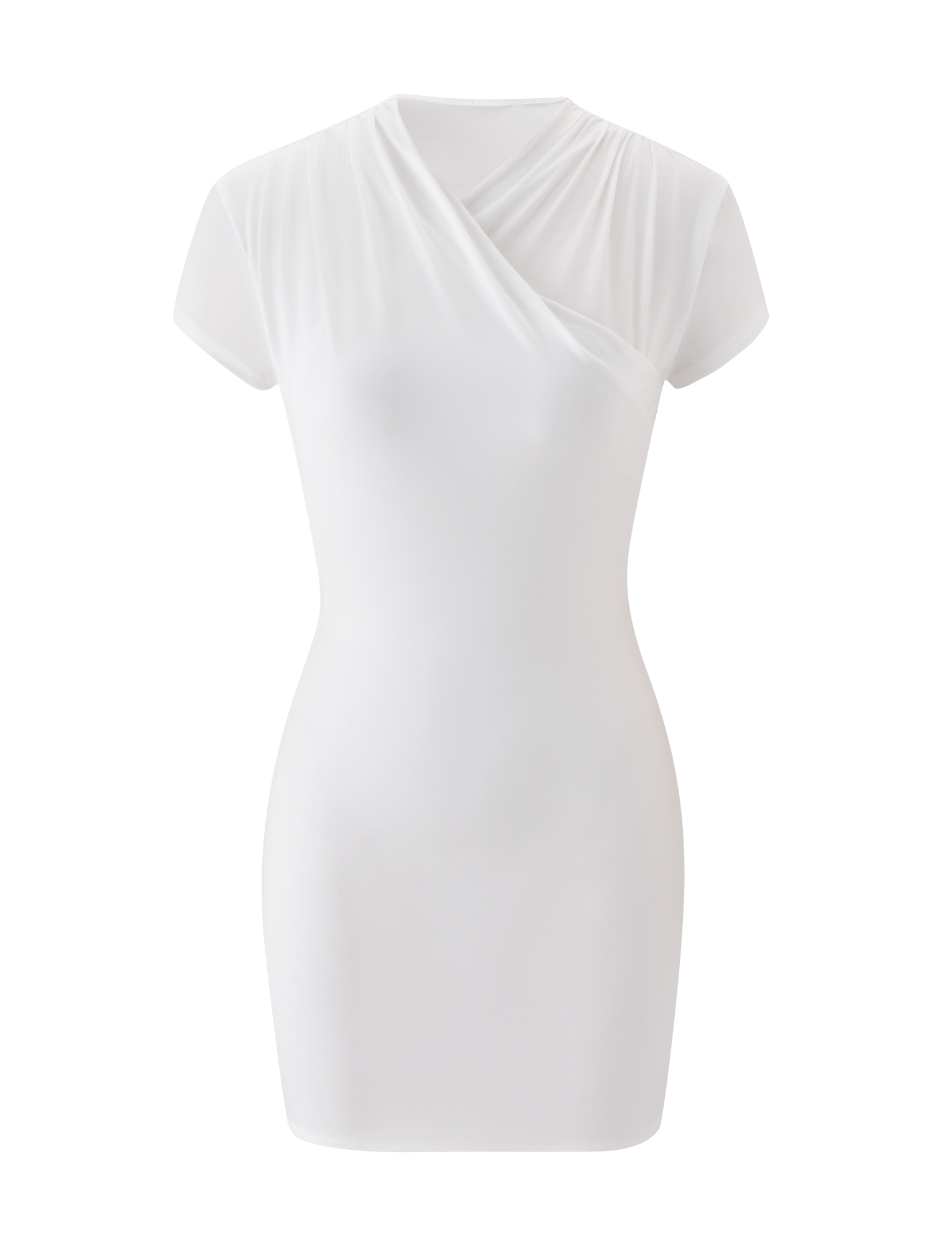 The TIGERMIST EMILY MINI DRESS - WHITE is a short-sleeved, fitted mini dress featuring a slight wrap neck drape, shown on a plain white background.