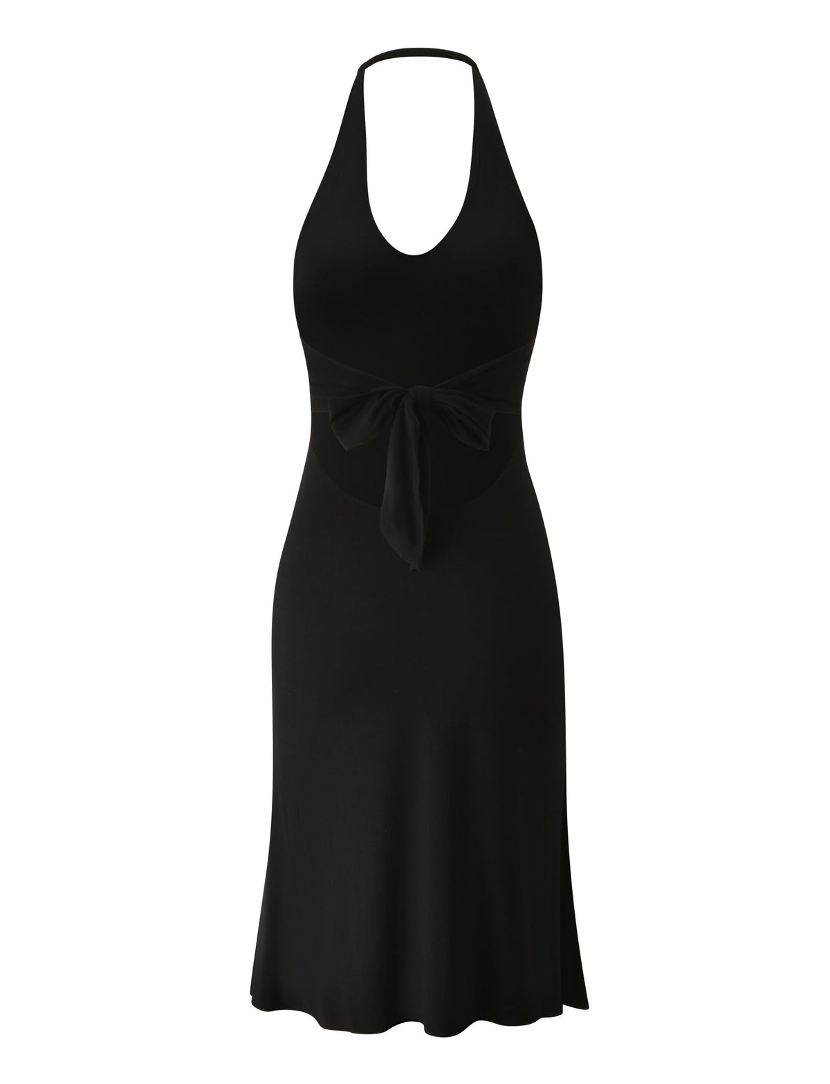 The ISABELLE MIDI DRESS - BLACK by TIGERMIST is a sleeveless halter-neck midi dress with a scoop neckline, large waist bow detail, and an open back—an effortlessly chic holiday essential displayed against a white background.