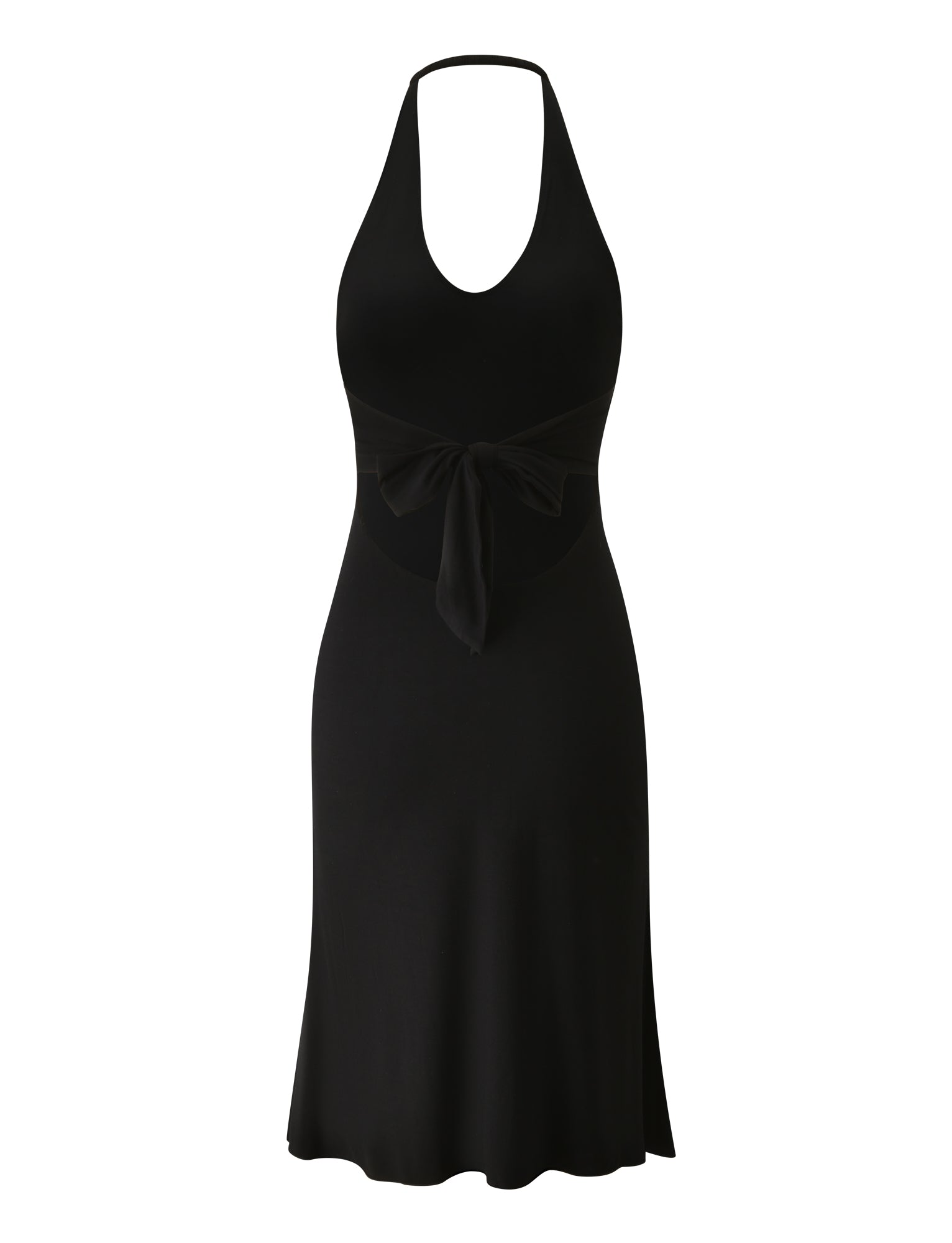 The ISABELLE MIDI DRESS - BLACK by TIGERMIST is a sleeveless halter-neck midi dress with a scoop neckline, large waist bow detail, and an open back—an effortlessly chic holiday essential displayed against a white background.