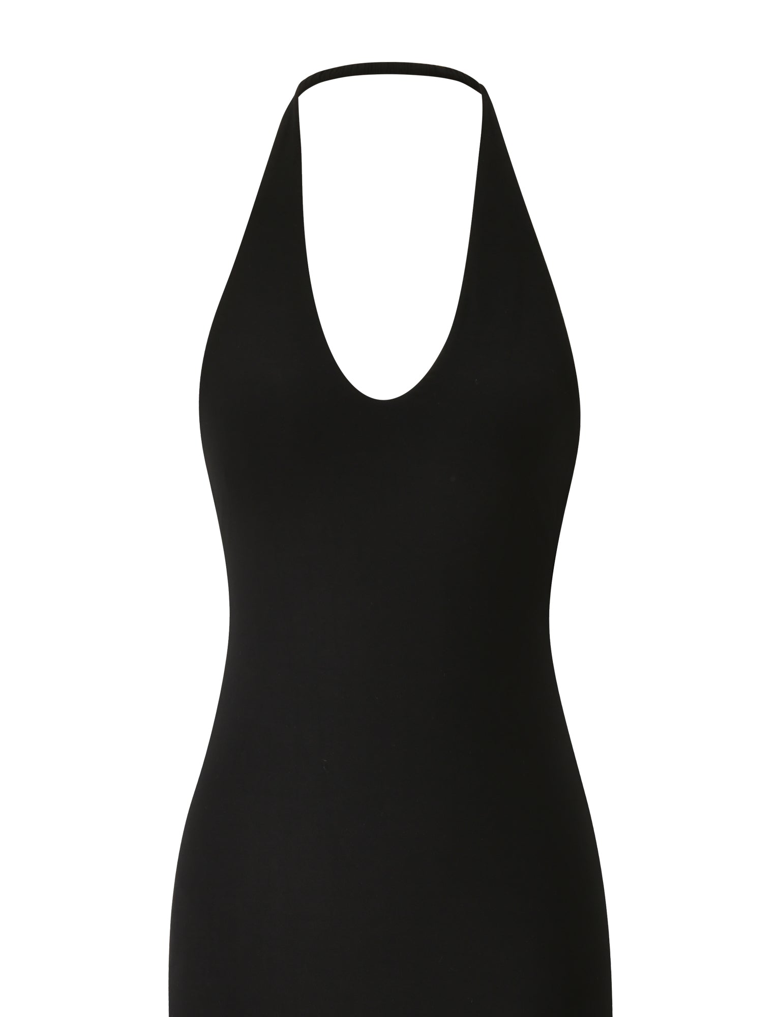 The ISABELLE MIDI DRESS - BLACK by TIGERMIST is a sleeveless halter neck midi dress featuring a fitted silhouette and an elegant open back design—an ideal holiday wardrobe essential, showcased against a white background.