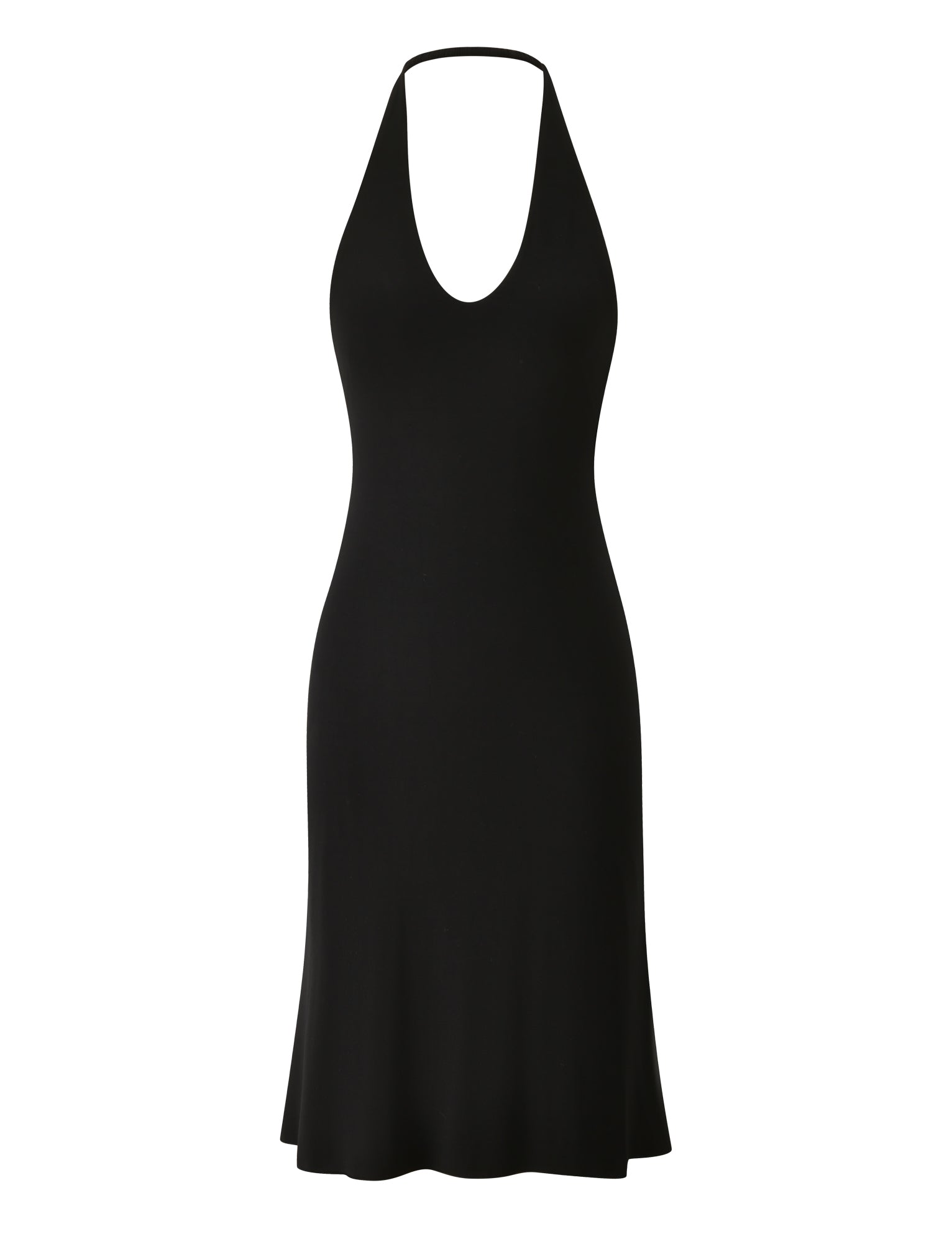 The ISABELLE MIDI DRESS - BLACK by TIGERMIST features a sleeveless halter design with a scoop neckline, flared hem, and open back, displayed against a white background—making it a true holiday wardrobe essential.