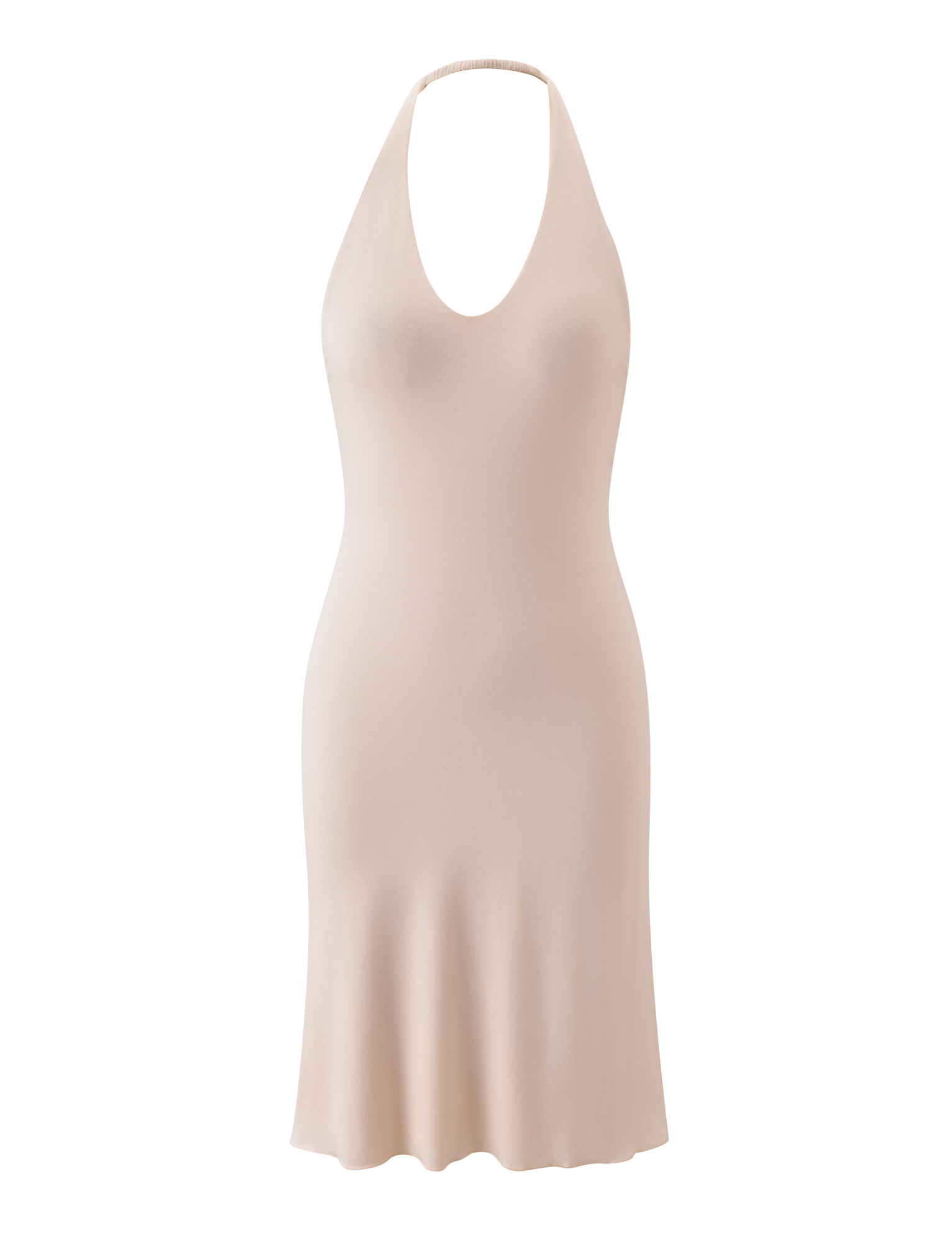 The TIGERMIST ISABELLE MIDI DRESS in cream is a sleeveless halter neck dress with a scoop neckline and fitted silhouette, shown on a white background, capturing Emily Venz’s chic style.