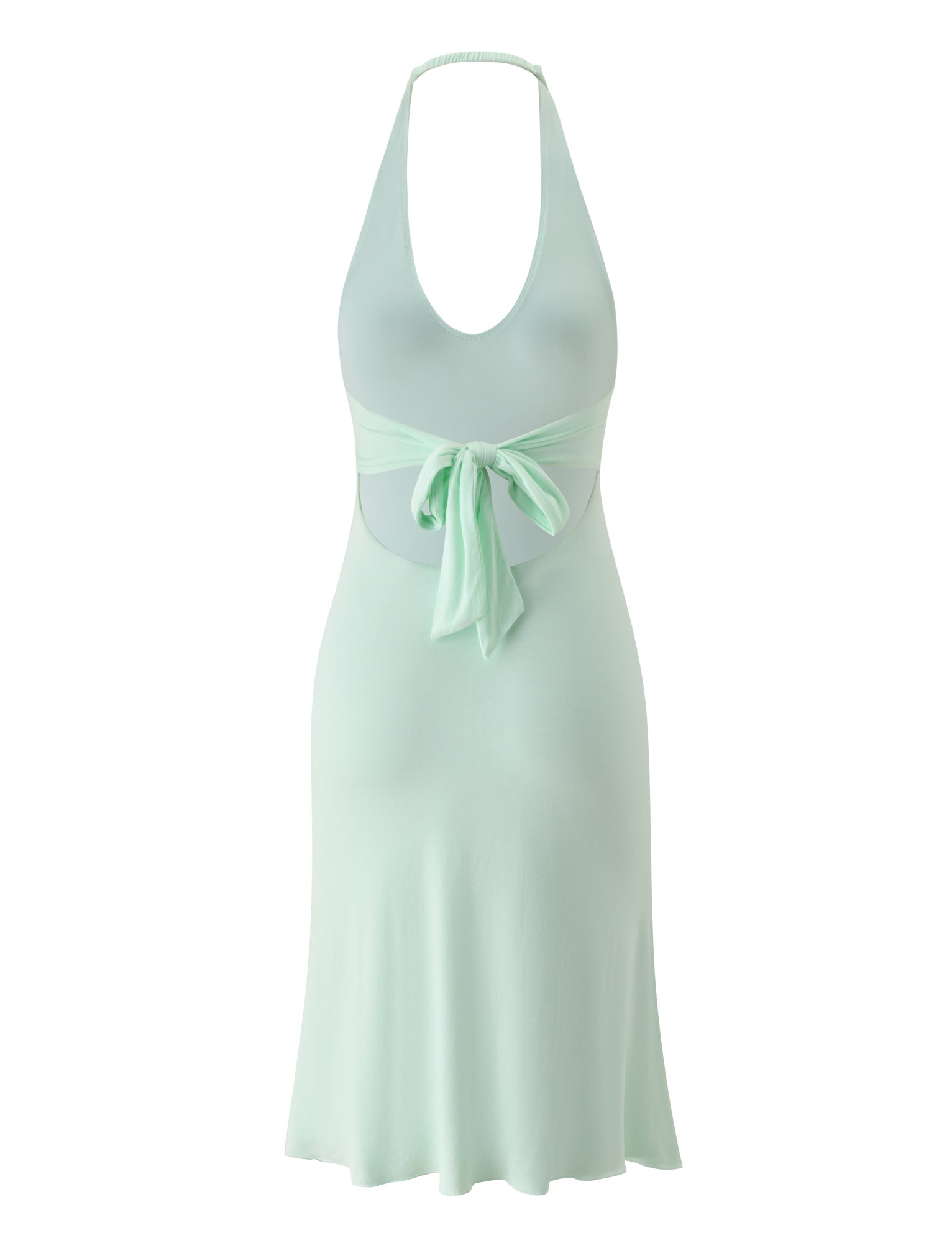 The ISABELLE MIDI DRESS - MINT by TIGERMIST is a sleeveless halter neck dress in light mint green, showcasing a deep scoop neckline with a front tie knot at the chest. Designed with a fitted waist and flared skirt, this midi dress is crafted from soft, lightweight fabric—making it the perfect choice for garden parties or warm, sunny days.