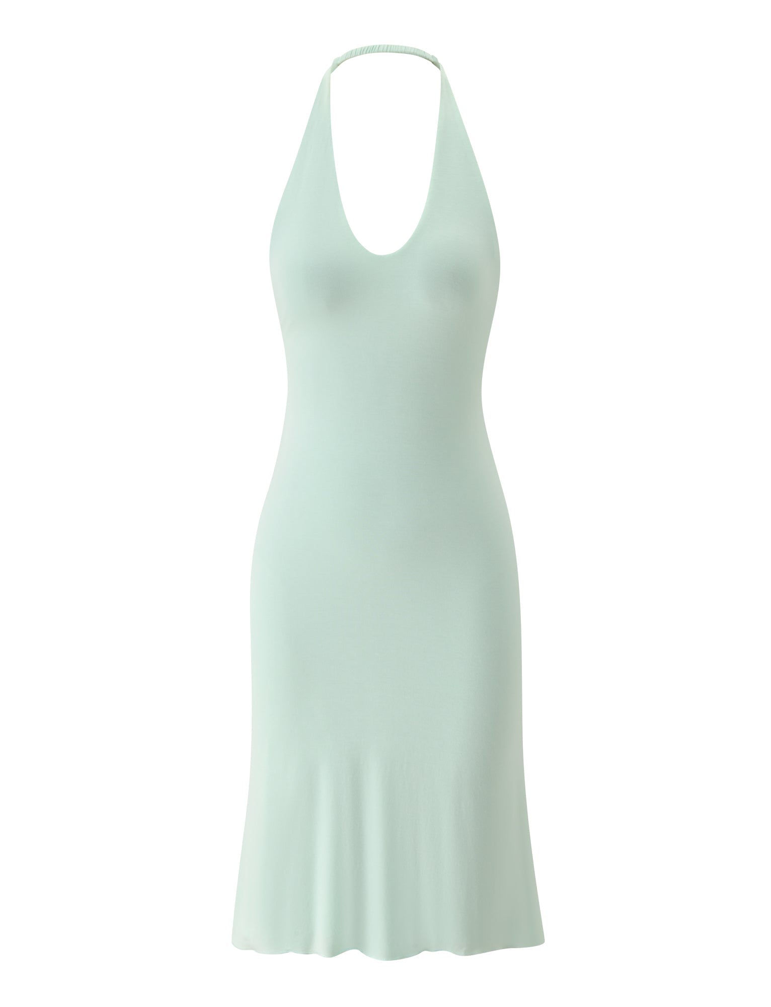 ISABELLE MIDI DRESS - MINT by TIGERMIST: A light pastel mint green sleeveless halter-neck dress featuring a fitted bodice and flared hem, beautifully displayed on a plain white background—an ideal choice for summer garden parties or as an elegant midi dress for special occasions.