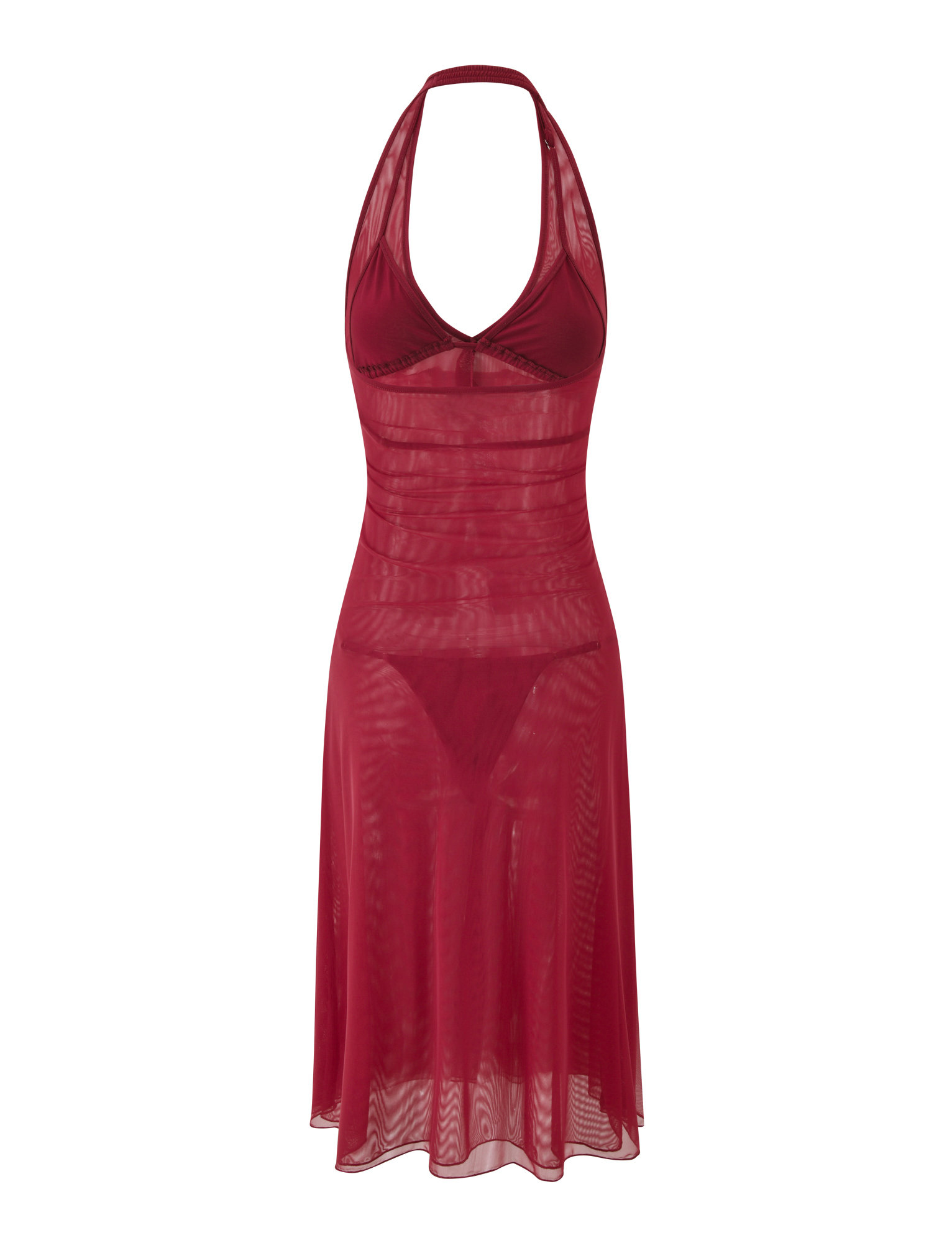 The ASH MIDI DRESS - RED by TIGERMIST is a sheer, sleeveless mesh halter dress with visible lining, styled over a matching bralette and panty, and shown on a plain white background.