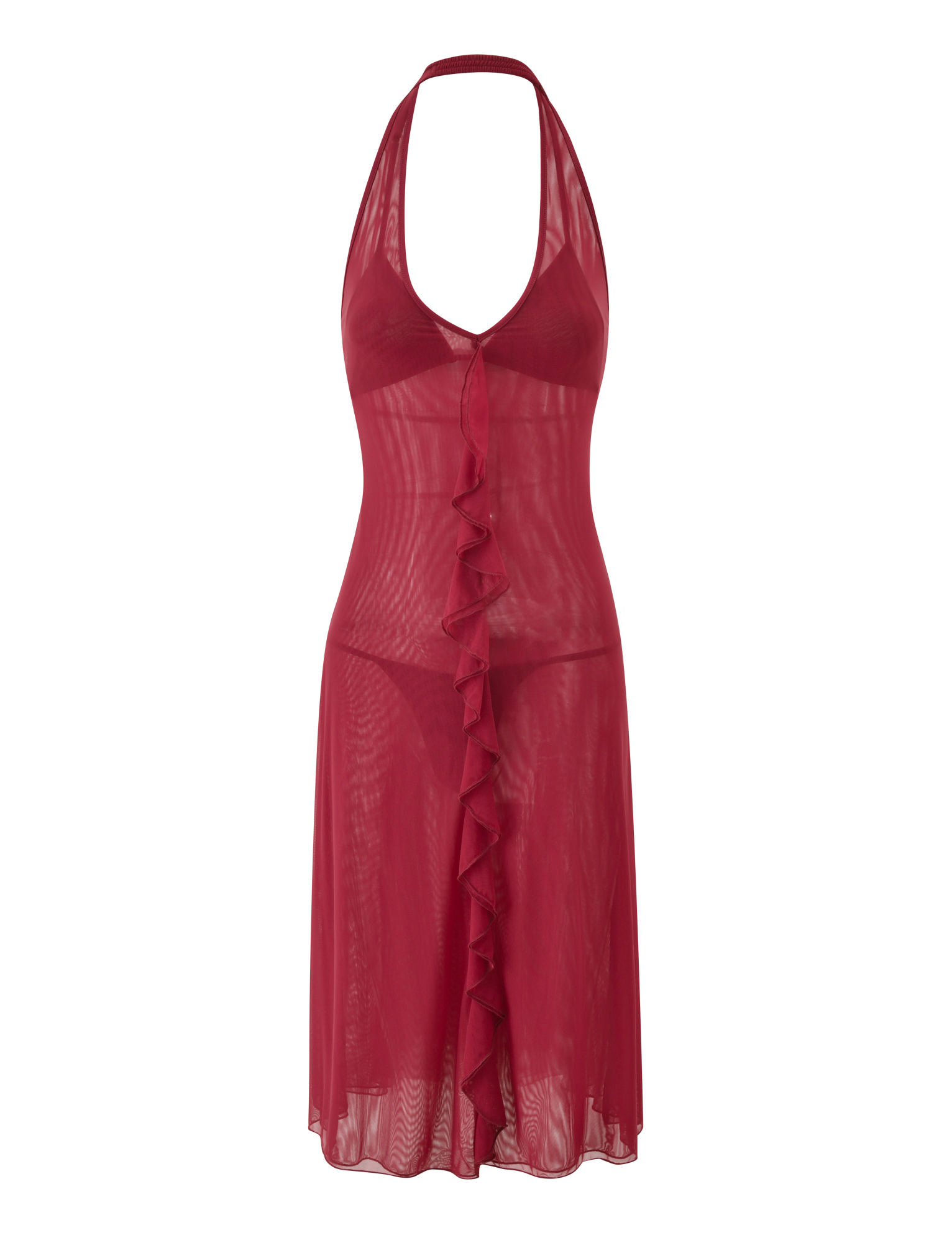 The ASH MIDI DRESS by TIGERMIST is a sheer red mesh halter midi with a plunging neckline and vertical ruffled trim, shown against a plain white background.