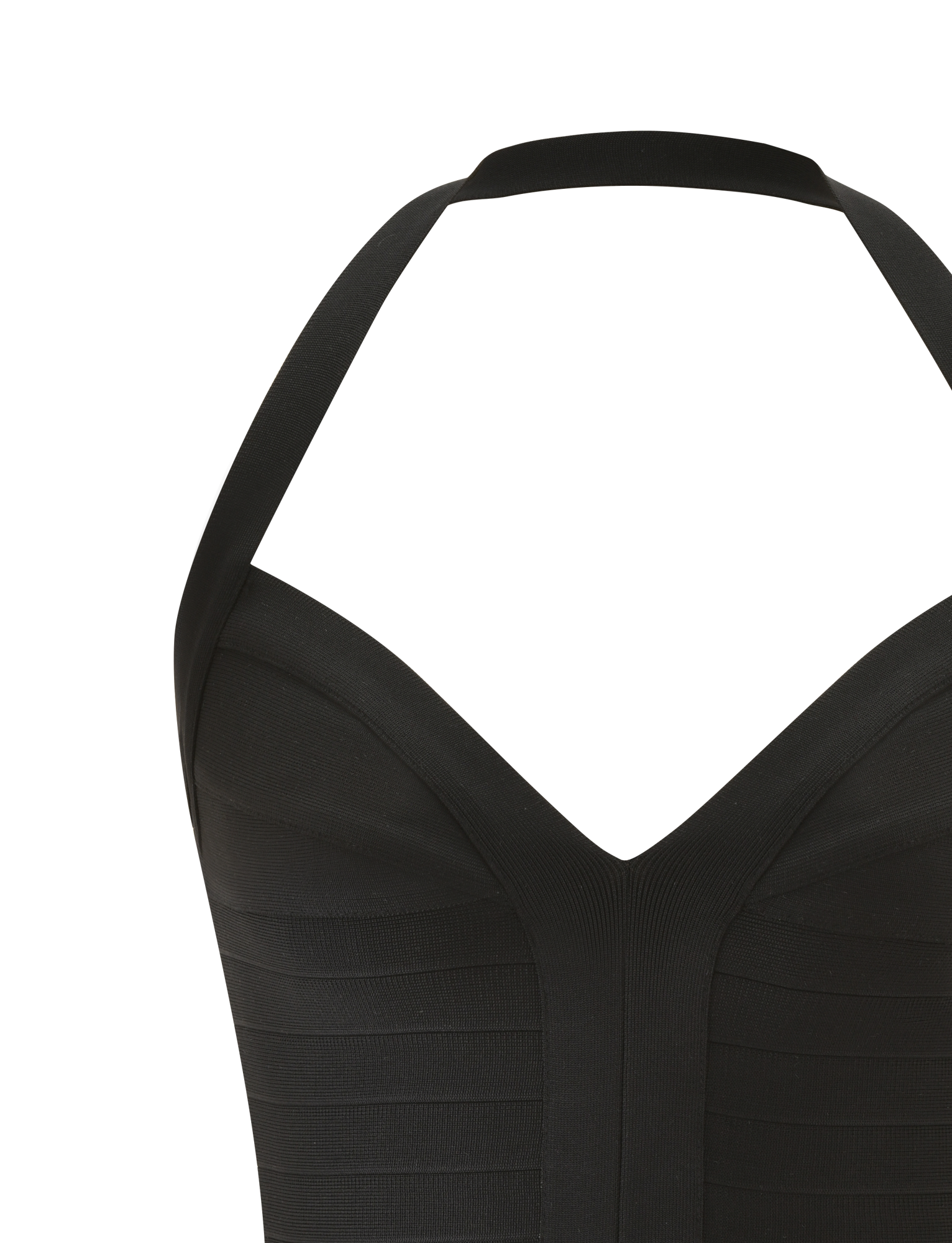 Close-up of the SYDEL BANDAGE TOP in black by TIGERMIST, showcasing its sweetheart neckline, horizontal ribbed texture, and smooth structured finish for a flattering bodycon fit.