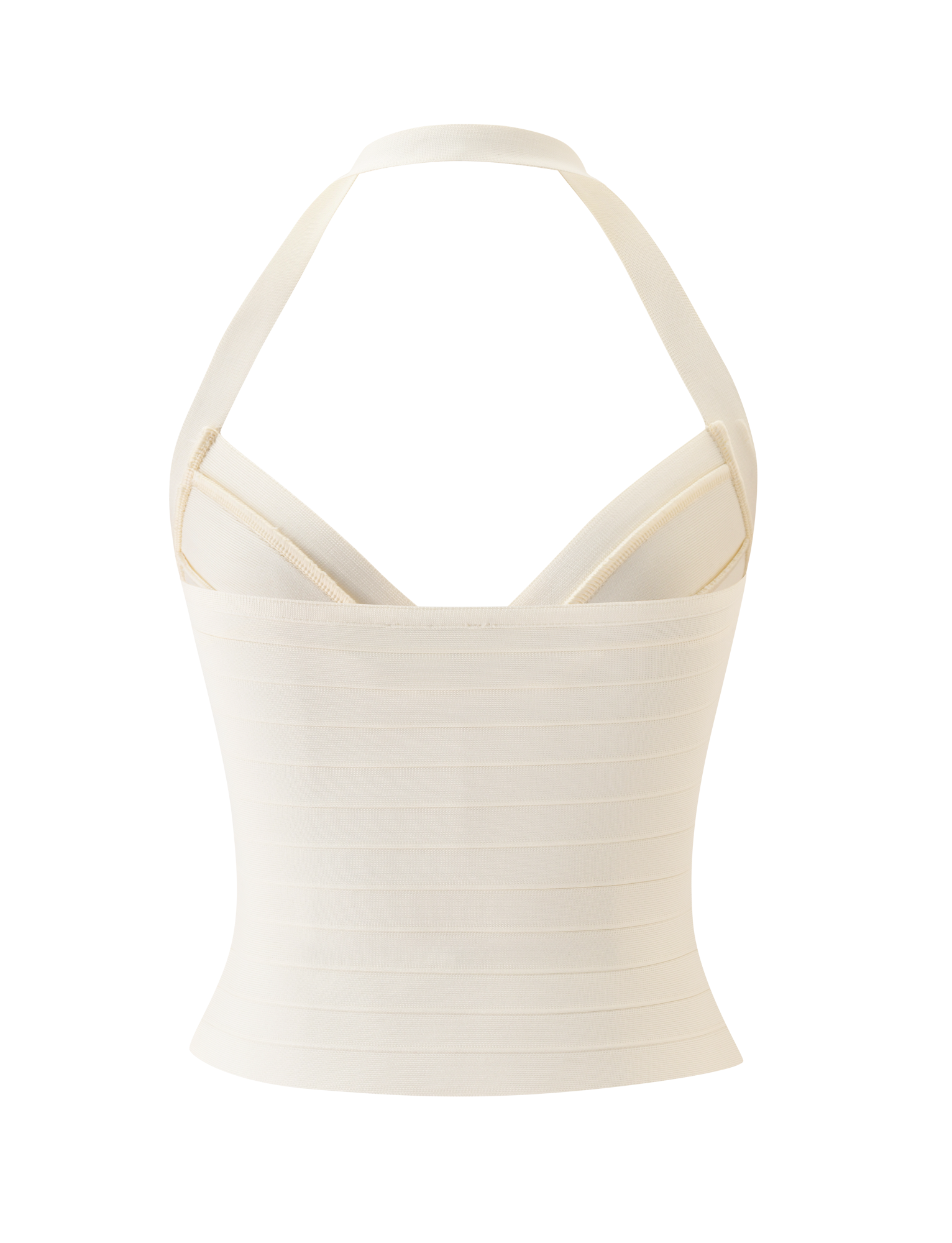 The SYDEL BANDAGE TOP in cream by TIGERMIST features a fitted halter design with ribbed horizontal lines, structured seams, and a sculpting bodycon silhouette, shown on a plain white background.