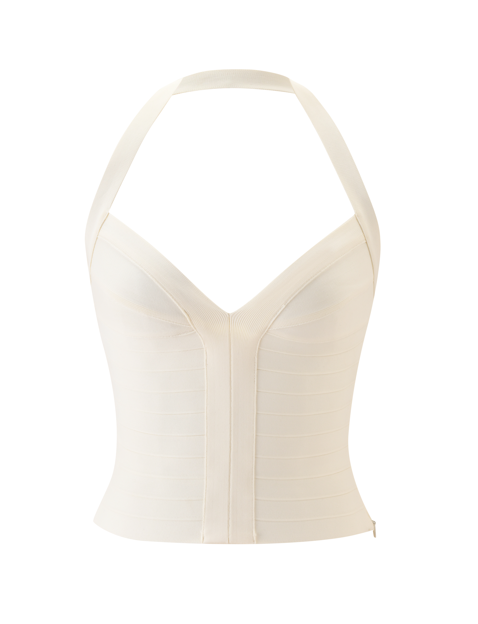The TIGERMIST SYDEL BANDAGE TOP in cream features a halter design, deep plunging neckline, and vertical seam details for a sculpted bodycon look, shown against a plain white background.