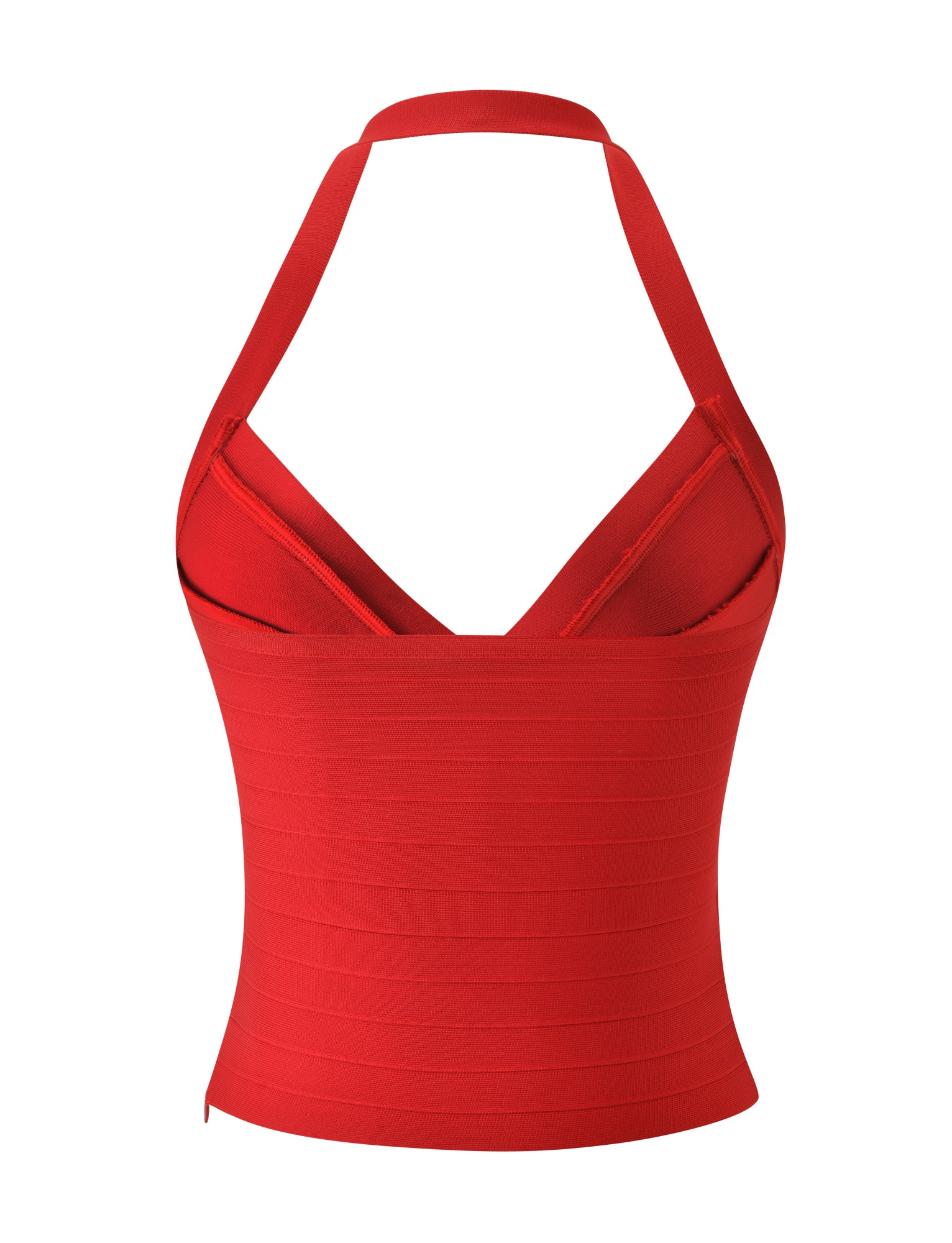 The SYDEL BANDAGE TOP by TIGERMIST is a vibrant red, sleeveless halter top featuring a V-neckline and crafted from sculpting, ribbed bandage fabric for a flattering bodycon fit, shown against a white background.