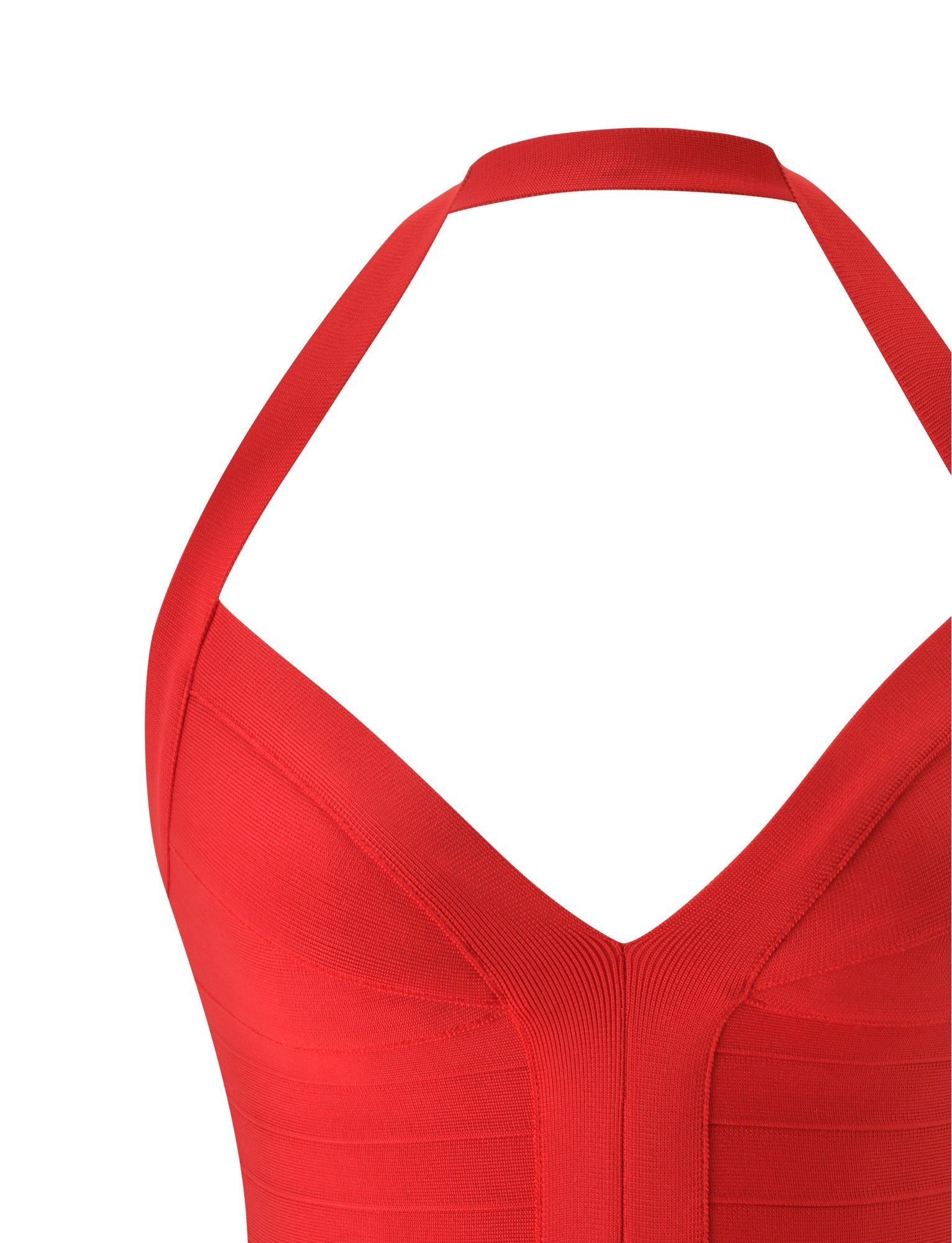 Close-up of the SYDEL BANDAGE TOP by TIGERMIST in red—a sleeveless, halter-neck top crafted from sculpting bandage fabric with structured details that enhance its bodycon fit.