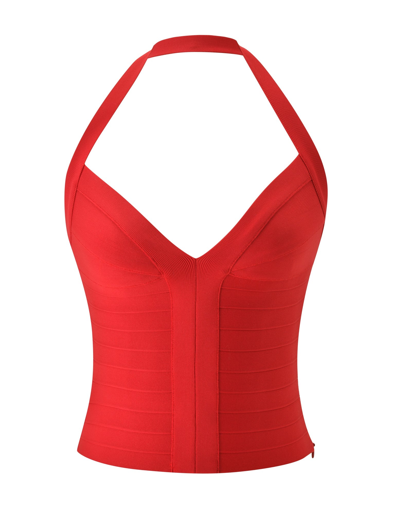 The SYDEL BANDAGE TOP - RED by TIGERMIST is a sleeveless halter top made from sculpting bandage fabric. It features a V-neckline, fitted ribbed detailing, and a bodycon silhouette, shown against a plain white background.