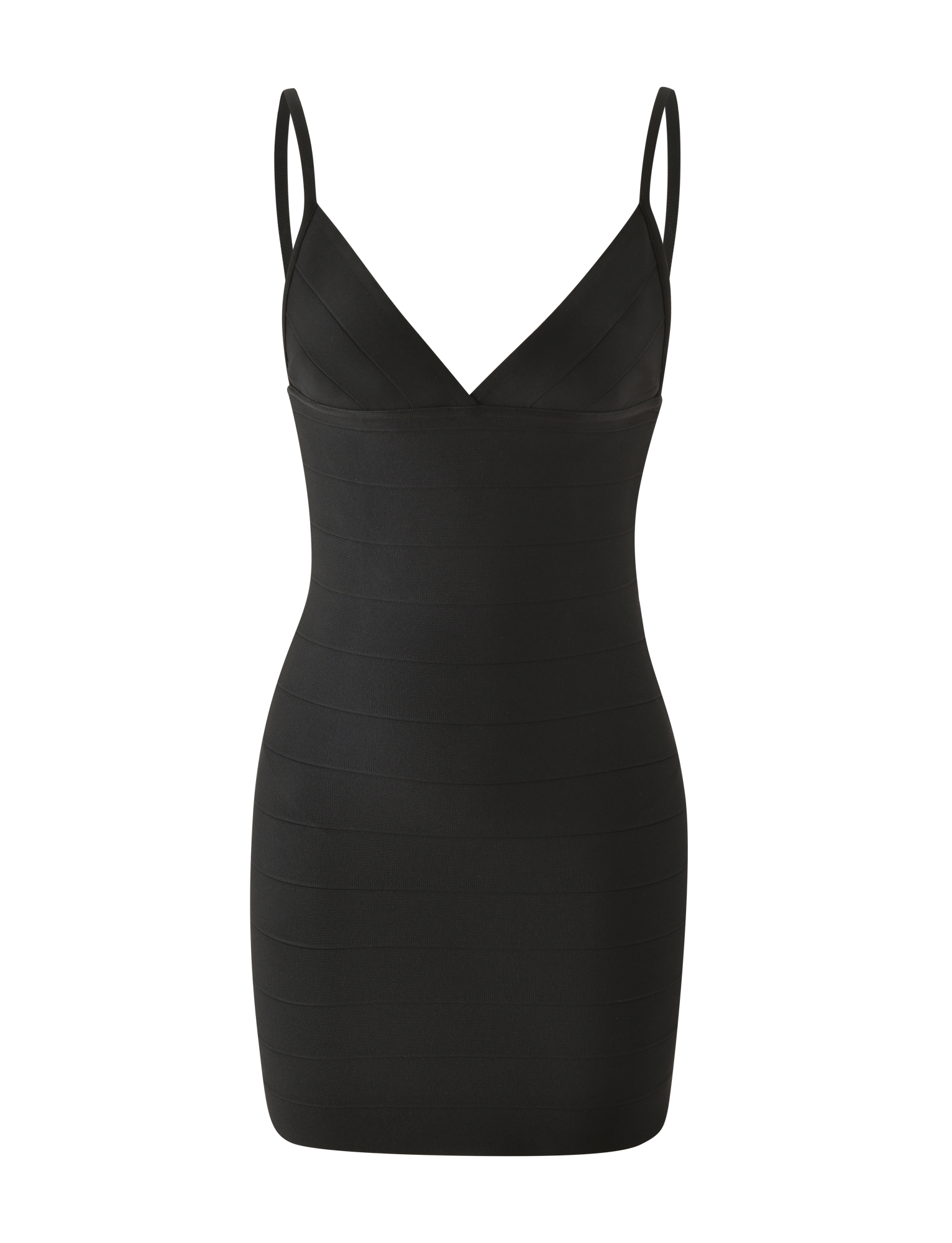 The TIGERMIST WEN BANDAGE MINI DRESS - BLACK is a sleeveless, V-neck mini dress with a bodycon fit and adjustable straps. Subtle horizontal banding adds texture to its fitted silhouette, shown on a white background.