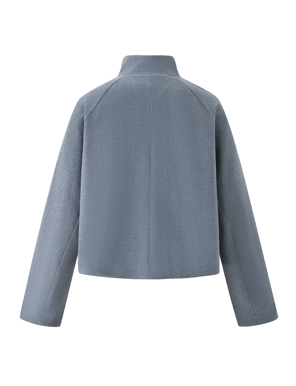 The LENNEX JACKET by TIGERMIST in heather charcoal is shown from the back, featuring a minimalist oversized design with a mock neck collar, straight hem, and deep hidden-zip pockets for a sleek look without visible embellishments.