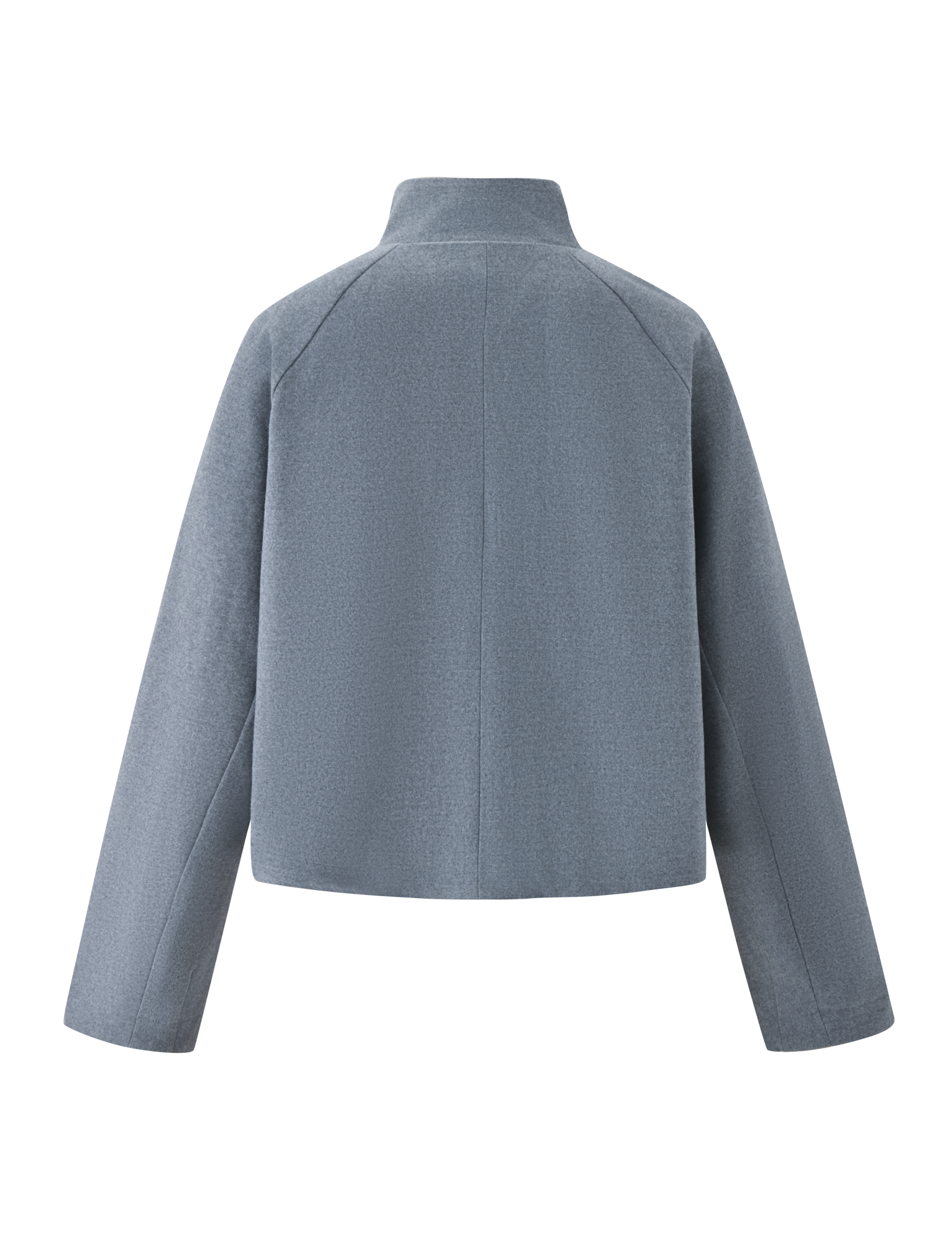 The LENNEX JACKET by TIGERMIST in heather charcoal is shown from the back, featuring a minimalist oversized design with a mock neck collar, straight hem, and deep hidden-zip pockets for a sleek look without visible embellishments.