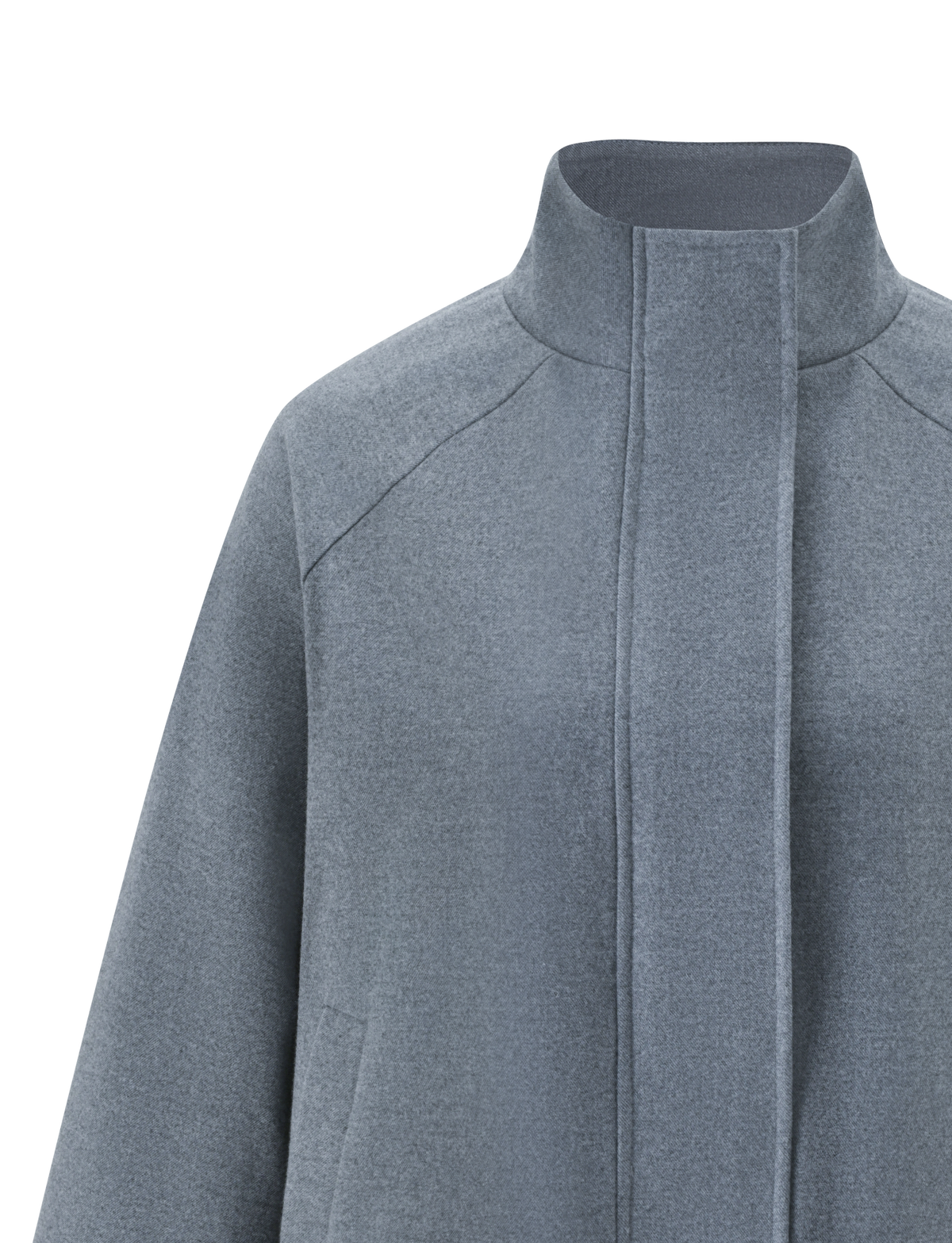 A close-up of the TIGERMIST LENNEX JACKET in heather charcoal, featuring a mock neck collar, concealed front closure, and deep side pockets, displayed against a plain light background.