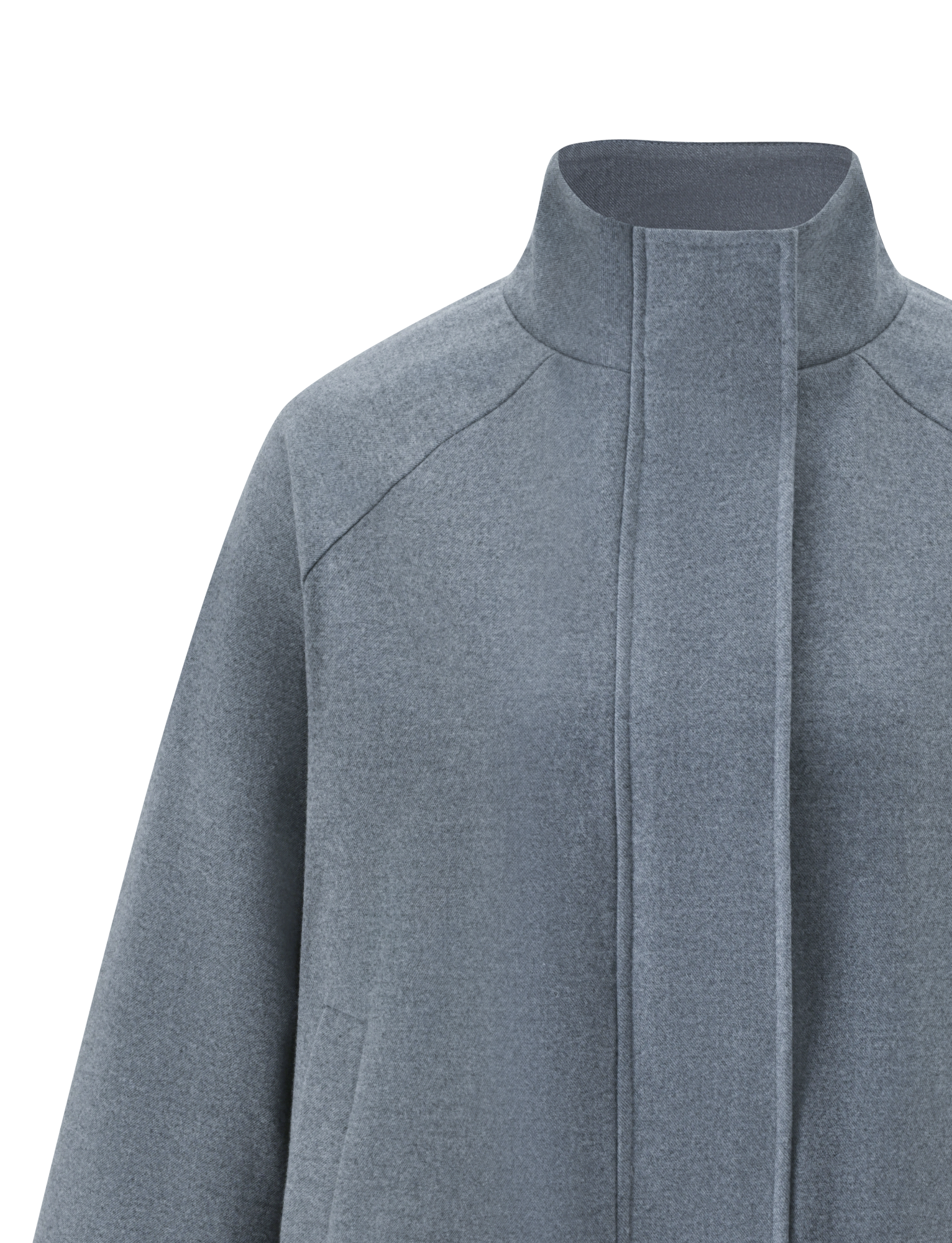 A close-up of the TIGERMIST LENNEX JACKET in heather charcoal, featuring a mock neck collar, concealed front closure, and deep side pockets, displayed against a plain light background.