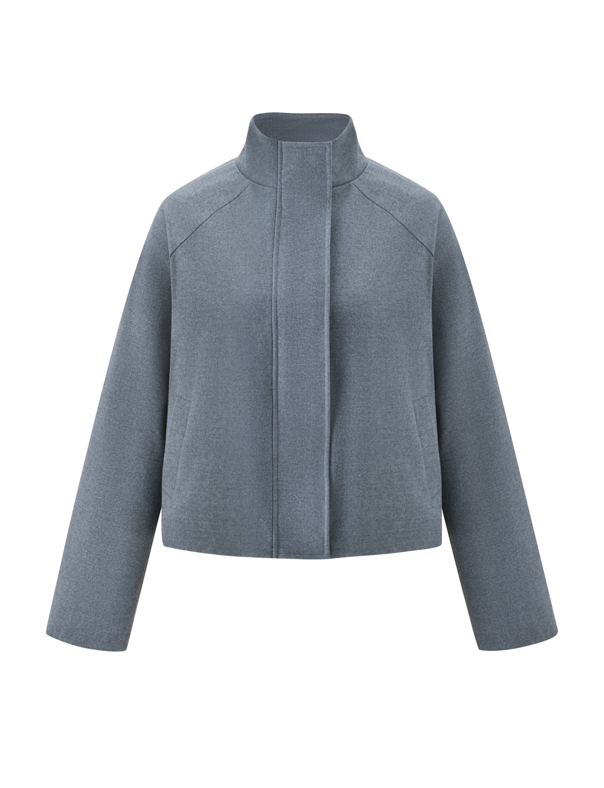 The TIGERMIST LENNEX JACKET in heather charcoal is a minimalist, oversized light wool piece with a mock neck collar, long sleeves, and concealed front closure, shown against a plain white background.