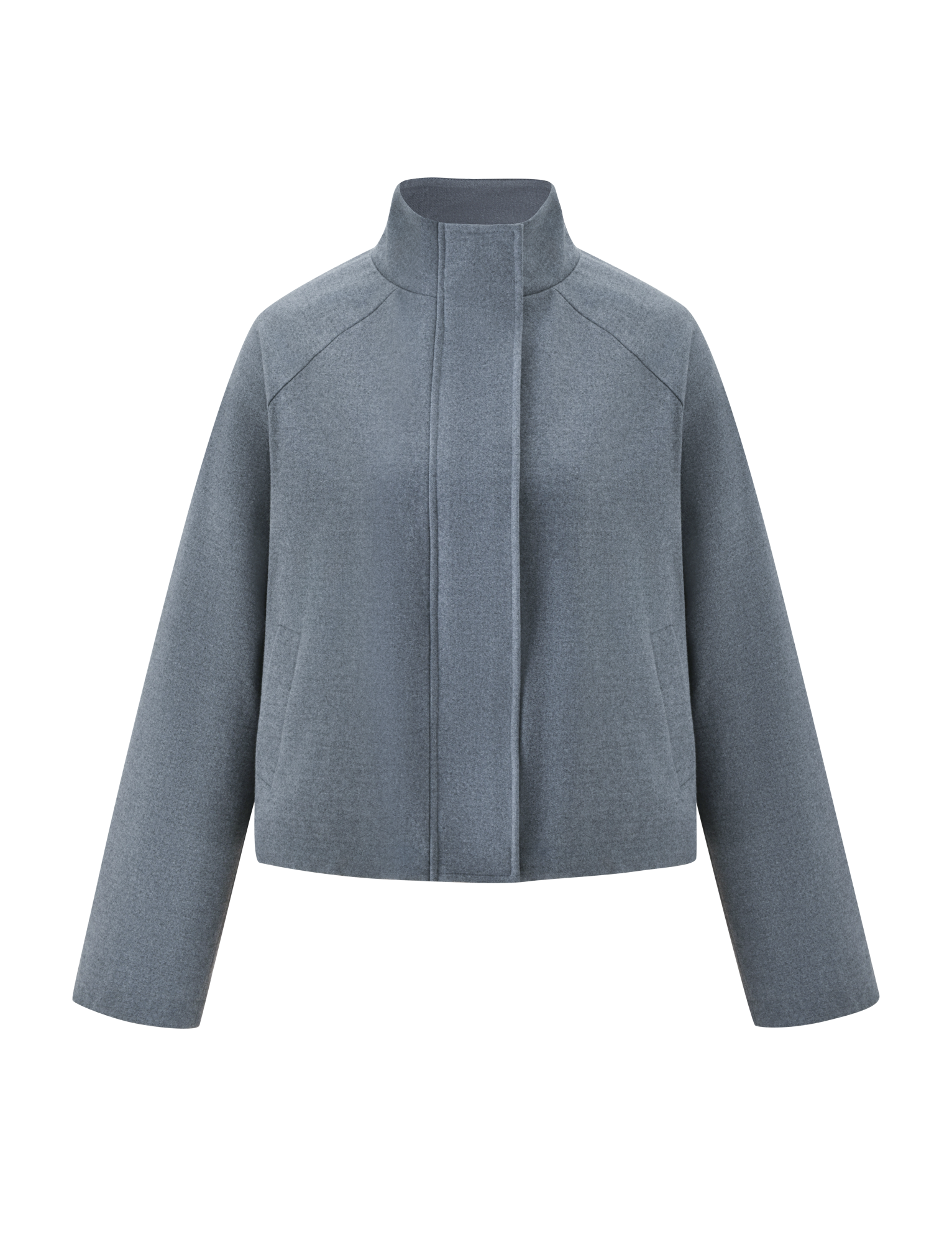 The TIGERMIST LENNEX JACKET in heather charcoal is a minimalist, oversized light wool piece with a mock neck collar, long sleeves, and concealed front closure, shown against a plain white background.