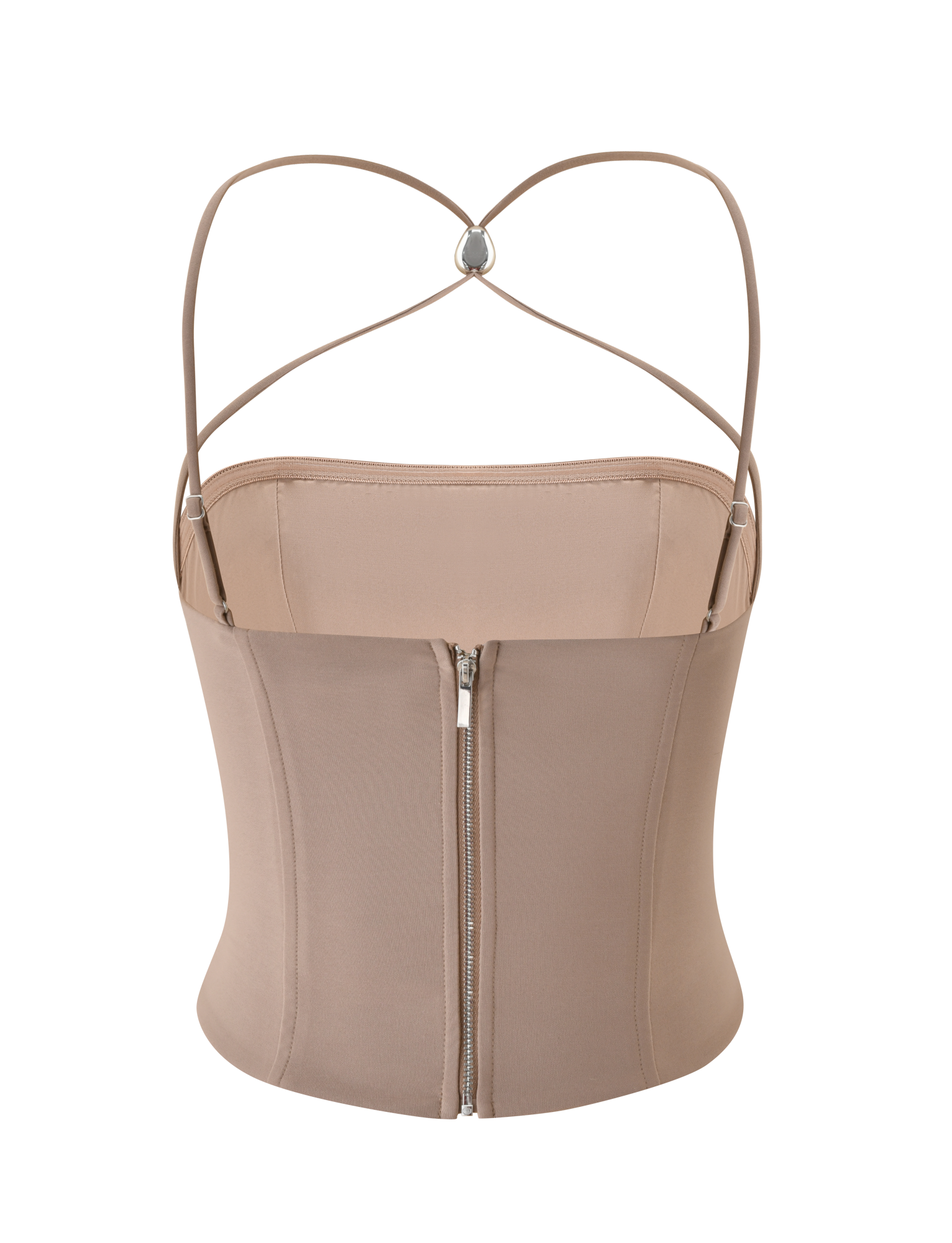 The TAMORA CORSET TOP - TAUPE by TIGERMIST is a 90's inspired corset with thin, adjustable X-back straps and a visible silver center zipper.