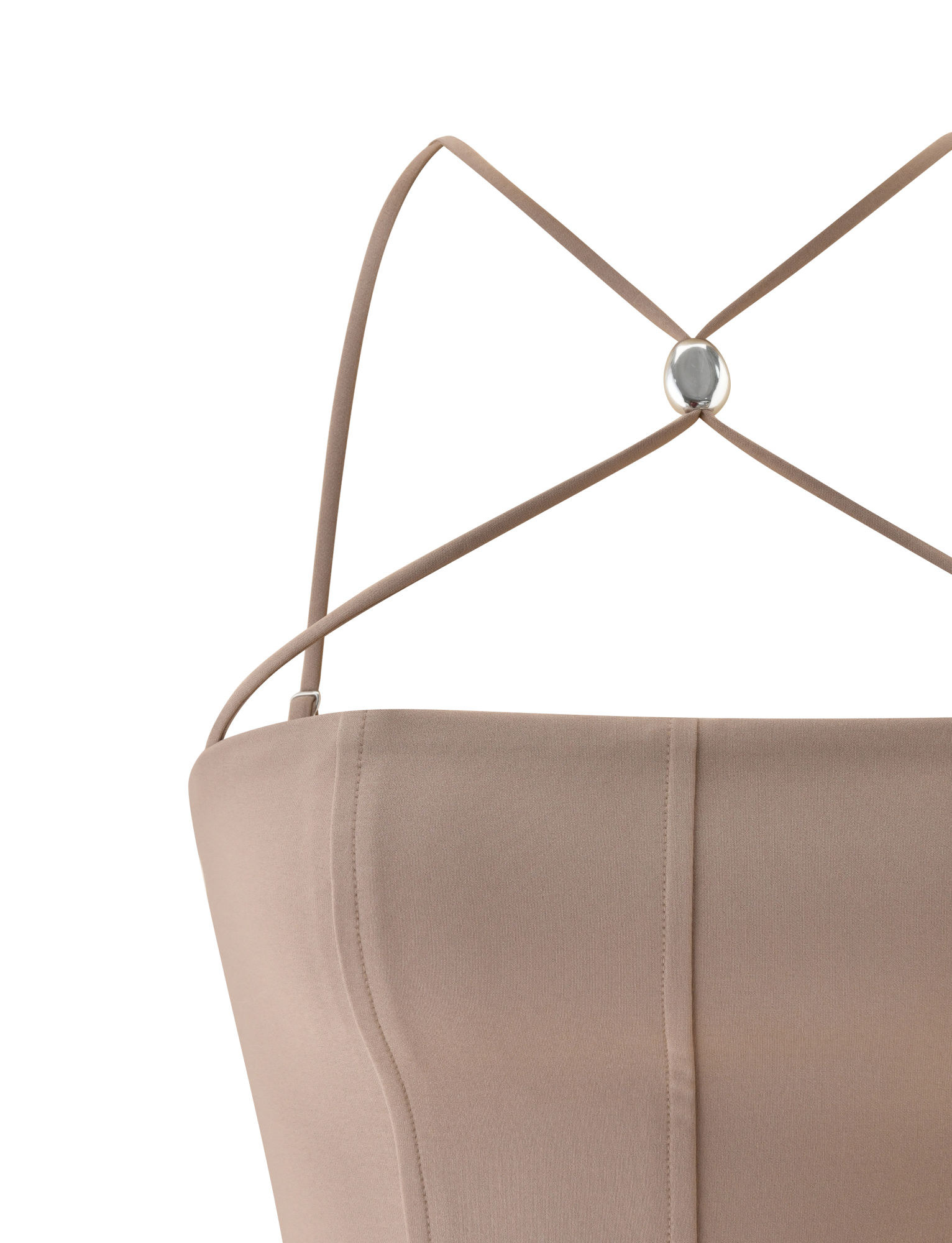 Close-up of the TIGERMIST TAMORA CORSET TOP in taupe, a 90's inspired style with thin adjustable crisscross straps meeting at a small round metallic accent on the back and visible seam details.