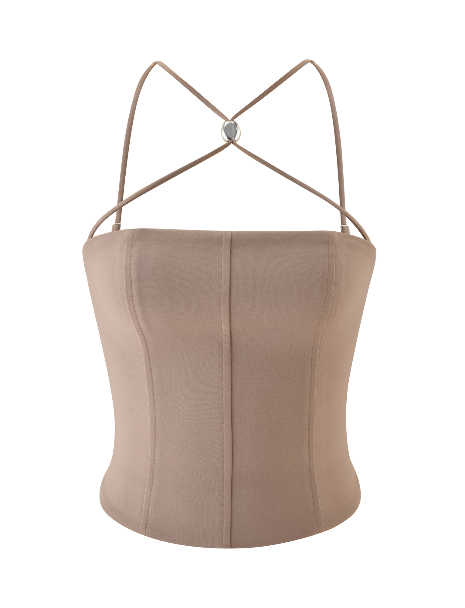 The TAMORA CORSET TOP by TIGERMIST is a taupe, 90's inspired sleeveless top with thin crisscross halter straps, a fitted structured design, and a circular metal detail at the back. The smooth fabric offers a slight stretch.