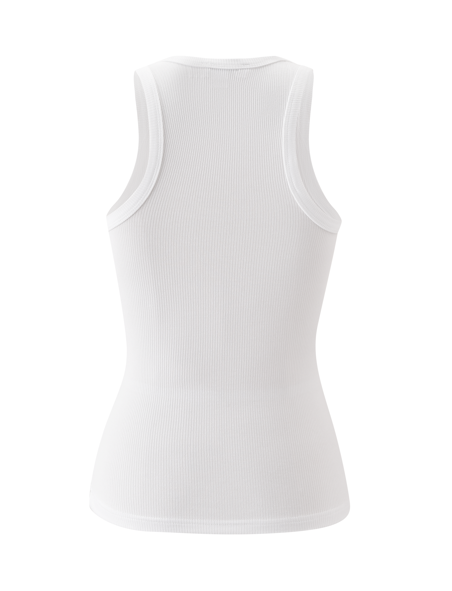 The AVNI TANK - WHITE by TIGERMIST is a racerback tank with wide straps and lightweight rib fabric, shown from the back against a white background for a clean, minimal look.