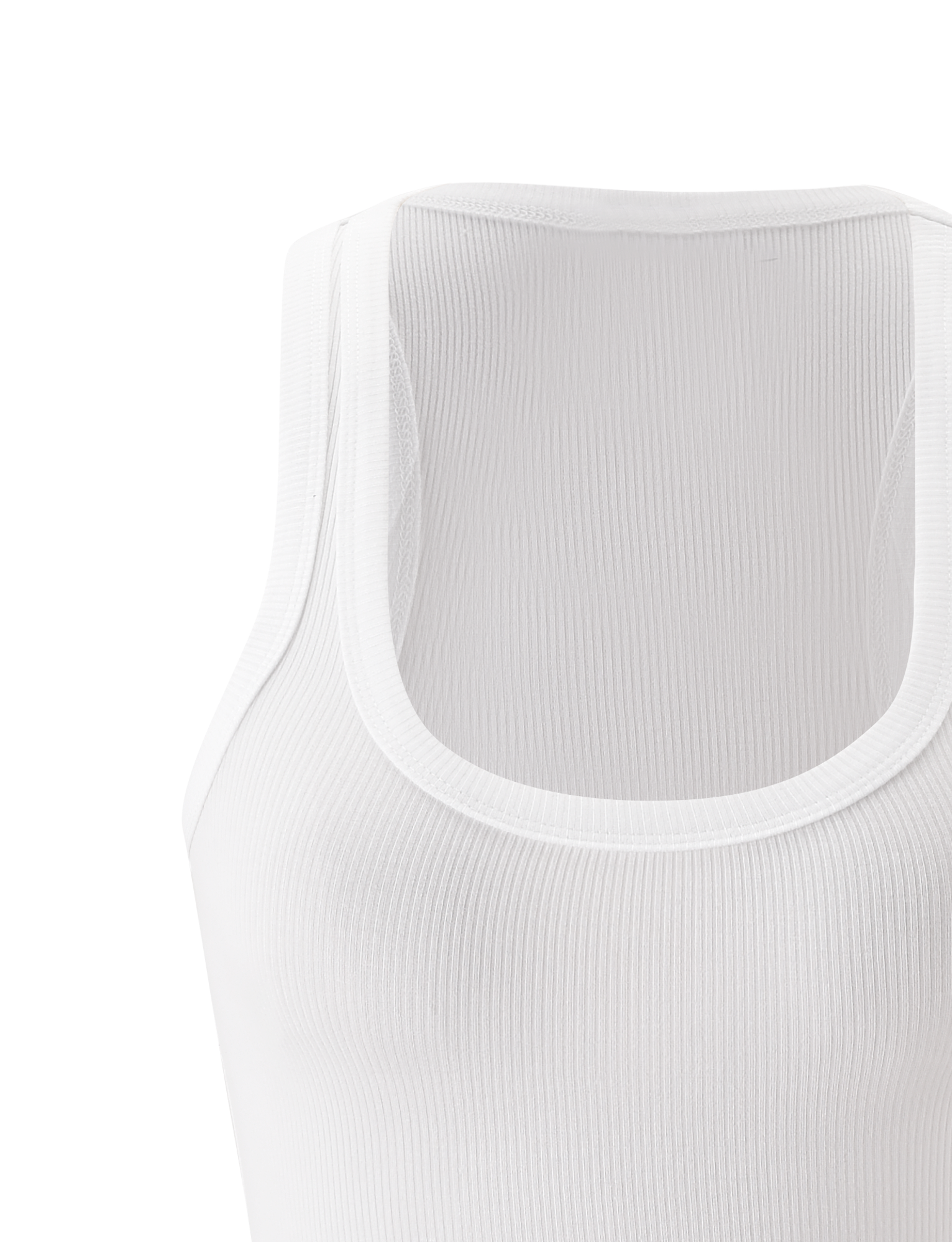 Close-up of the TIGERMIST AVNI TANK in white, crafted from lightweight rib fabric, featuring a sleeveless design and round neckline against a plain light background.